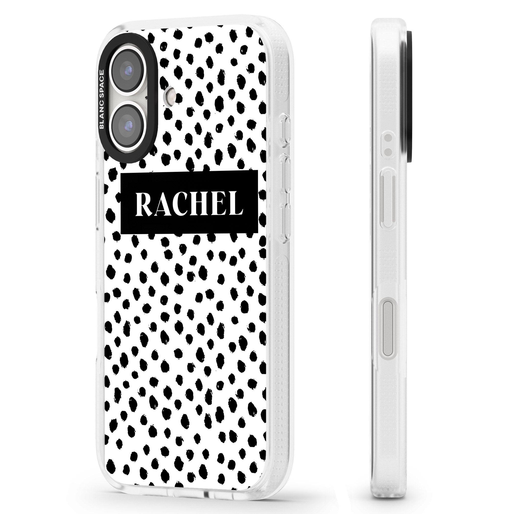 Personalised Black Bar & Dots iPhone 16 / 16 Plus Clear Case Impact Air - Blanc Space