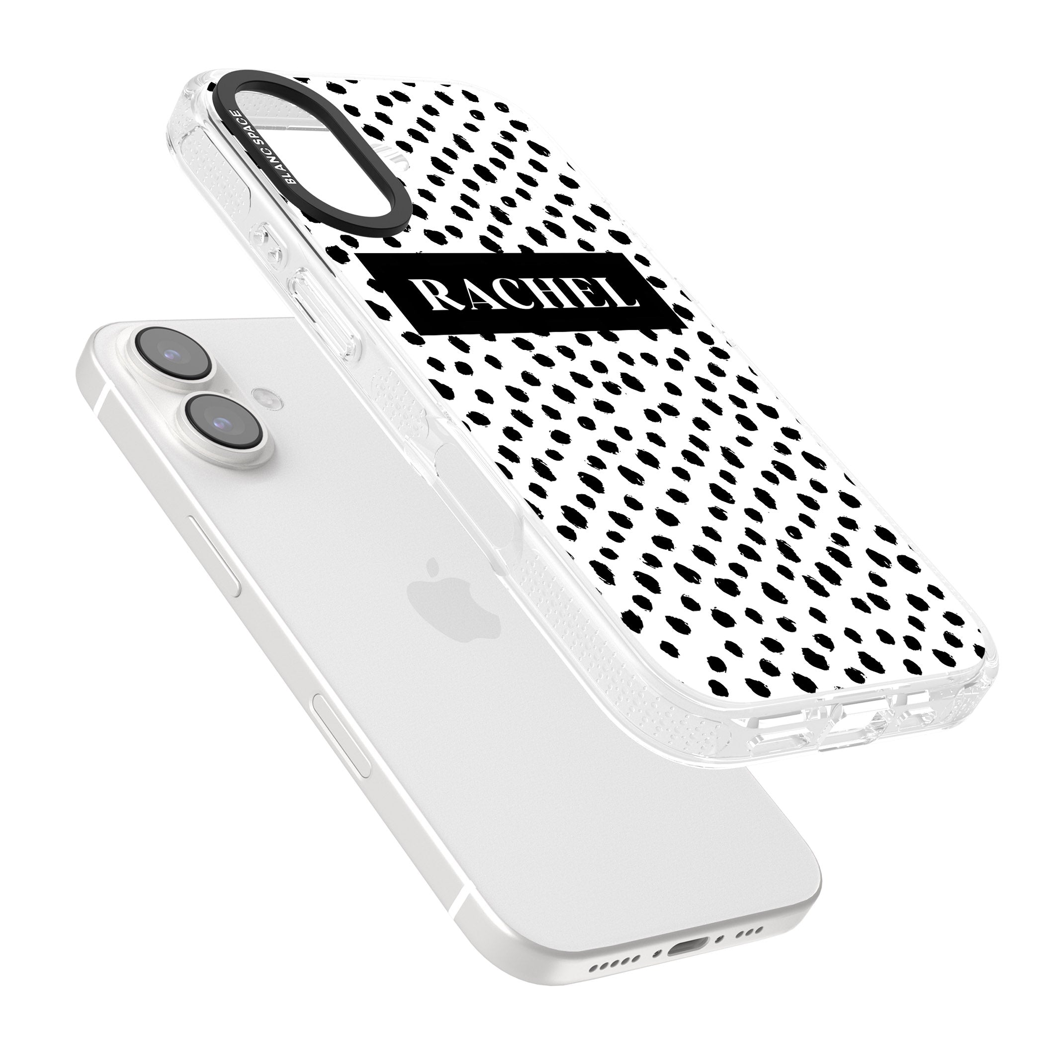 Personalised Black Bar & Dots iPhone 16 / 16 Plus Clear Case Impact Air - Blanc Space