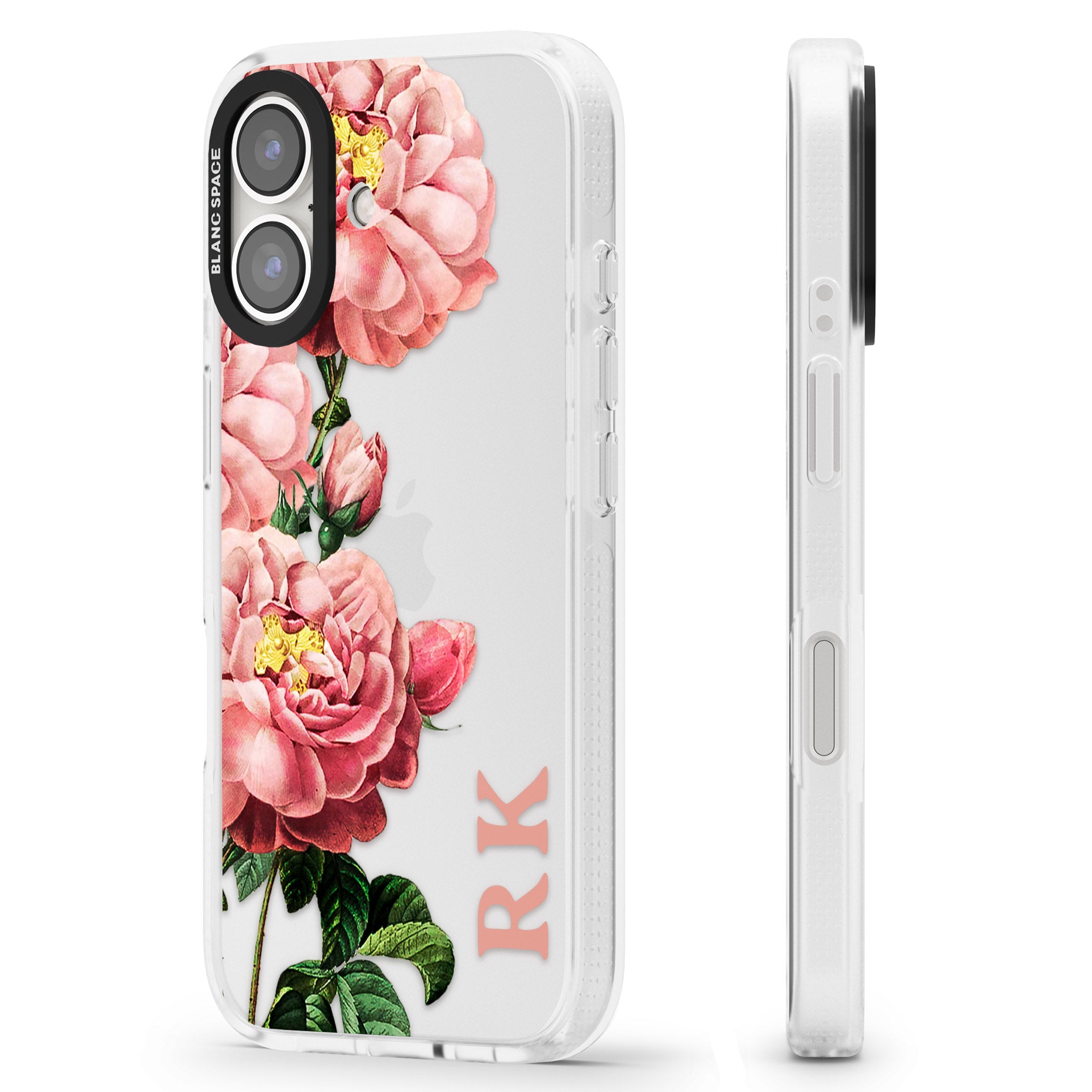 Personalised Clear Vintage Floral Pink Peonies iPhone 16 / 16 Plus Clear Case Impact Air - Blanc Space