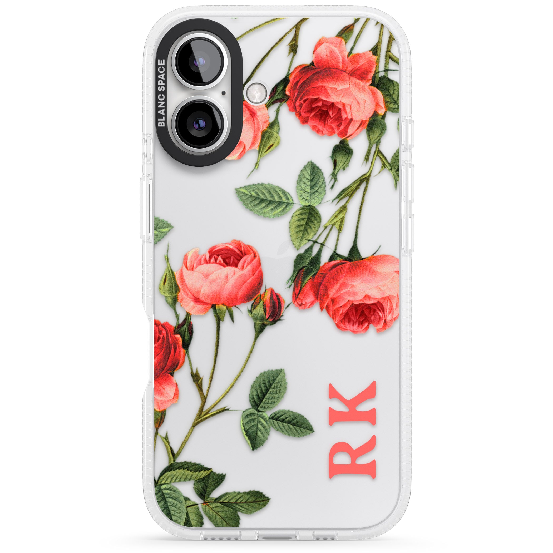 Personalised Clear Vintage Floral Pink Roses iPhone 16 / 16 Plus Clear Case Impact Air - Blanc Space
