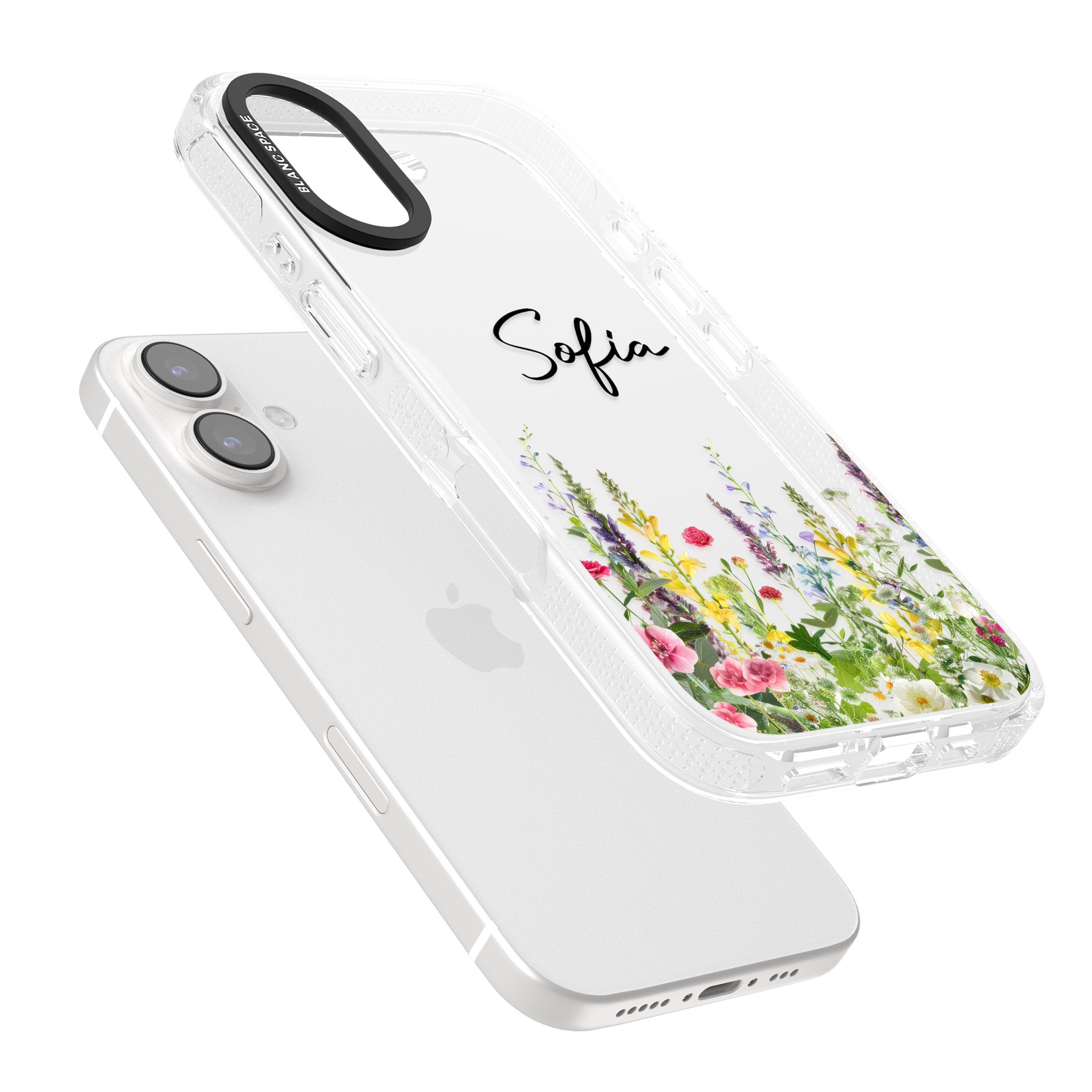Personalised Garden Wildfowers iPhone 16 / 16 Plus Clear Case Impact Air - Blanc Space