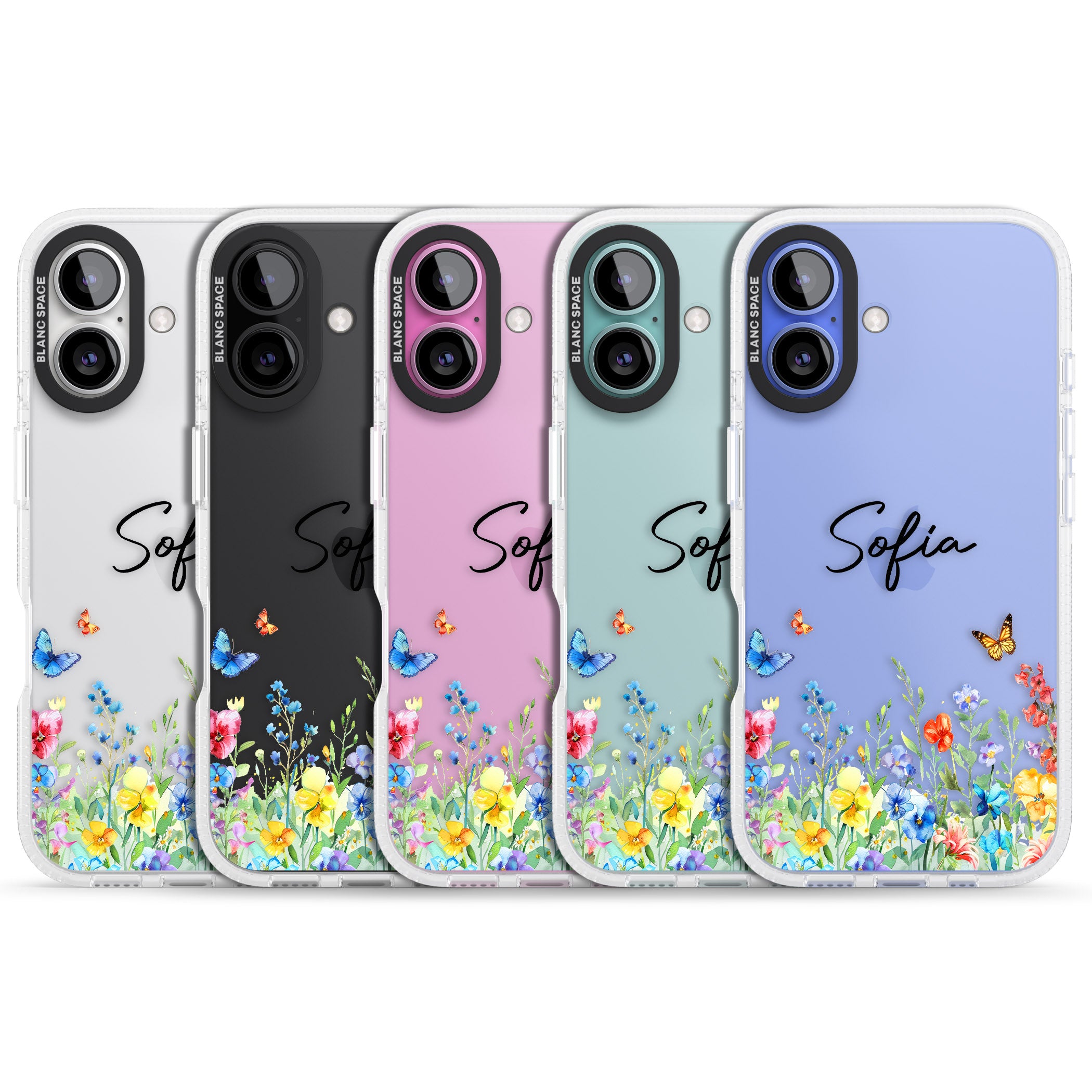 Personalised Butterflies & Wildflowers iPhone 16 / 16 Plus Clear Case Impact Air - Blanc Space