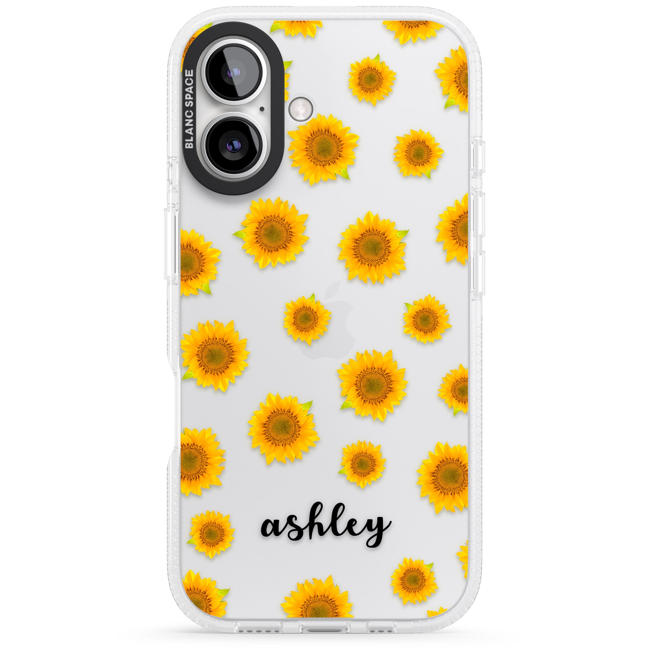 Personalised Sunflowers & Cursive iPhone 16 / 16 Plus Clear Case Impact Air - Blanc Space