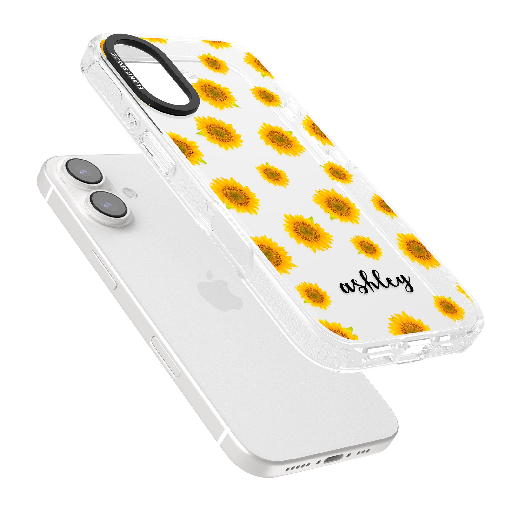 Personalised Sunflowers & Cursive iPhone 16 / 16 Plus Clear Case Impact Air - Blanc Space