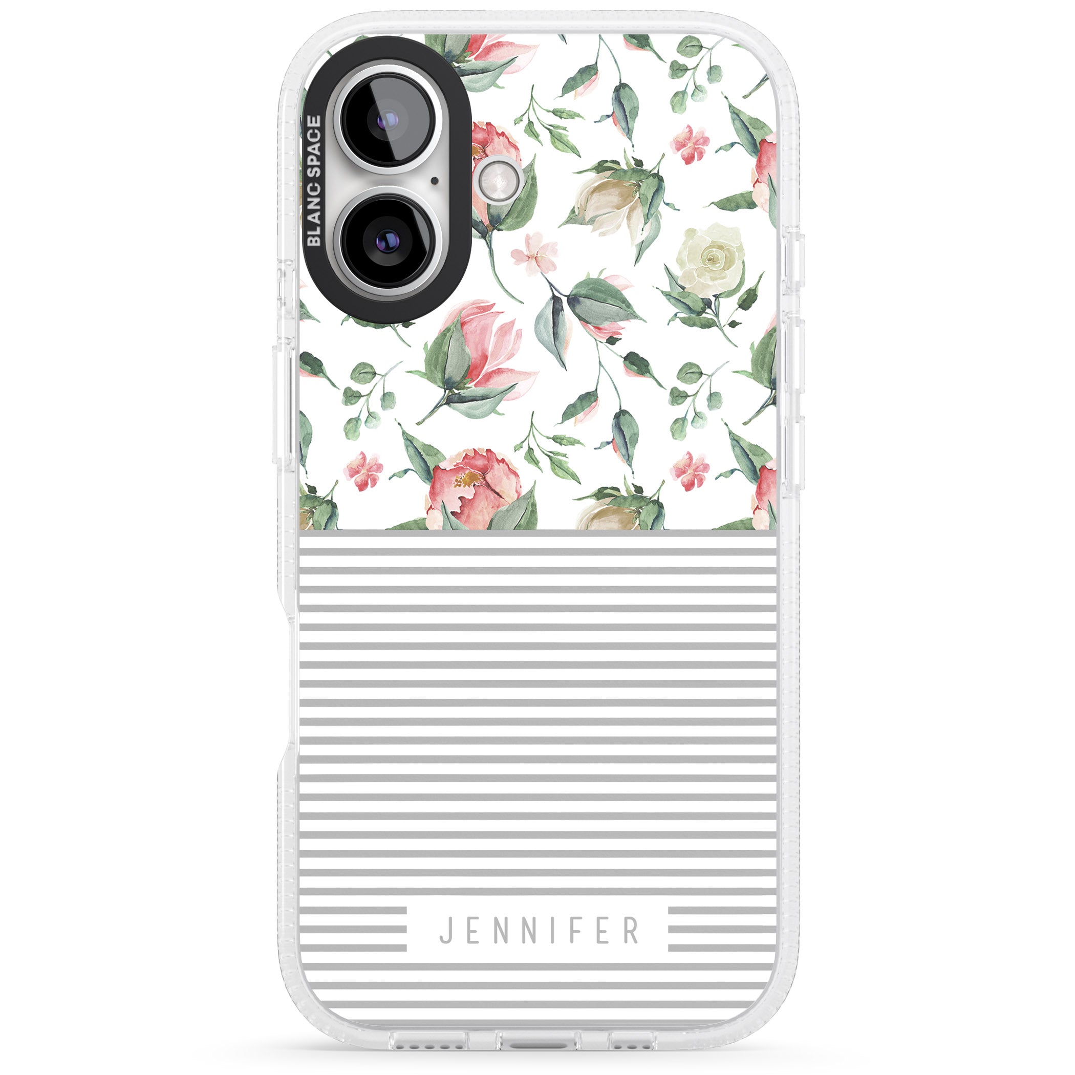 Personalised Light Floral Pattern & Stripes iPhone 16 / 16 Plus Clear Case Impact Air - Blanc Space