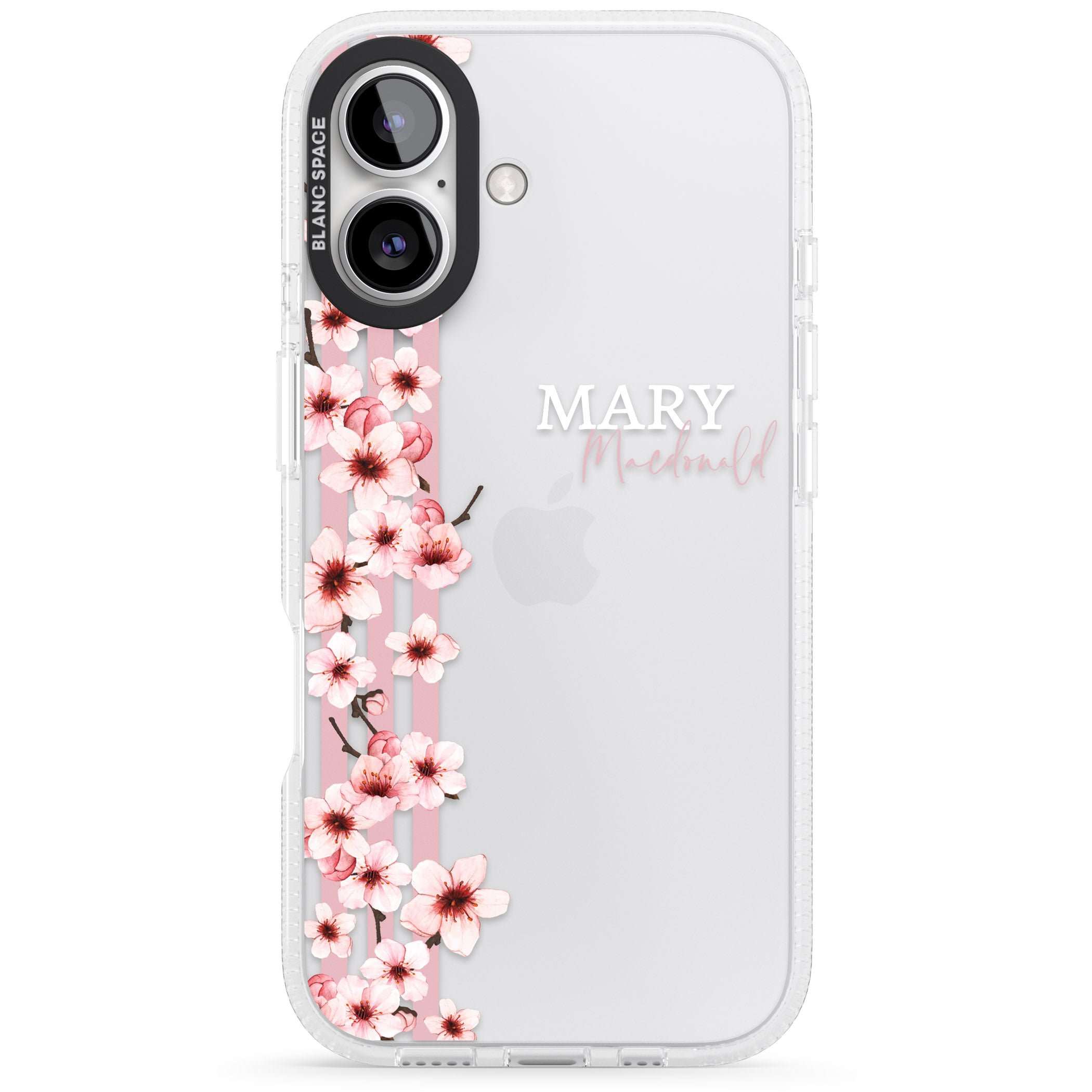 Personalised Cherry Blossoms & Stripes iPhone 16 / 16 Plus Clear Case Impact Air - Blanc Space
