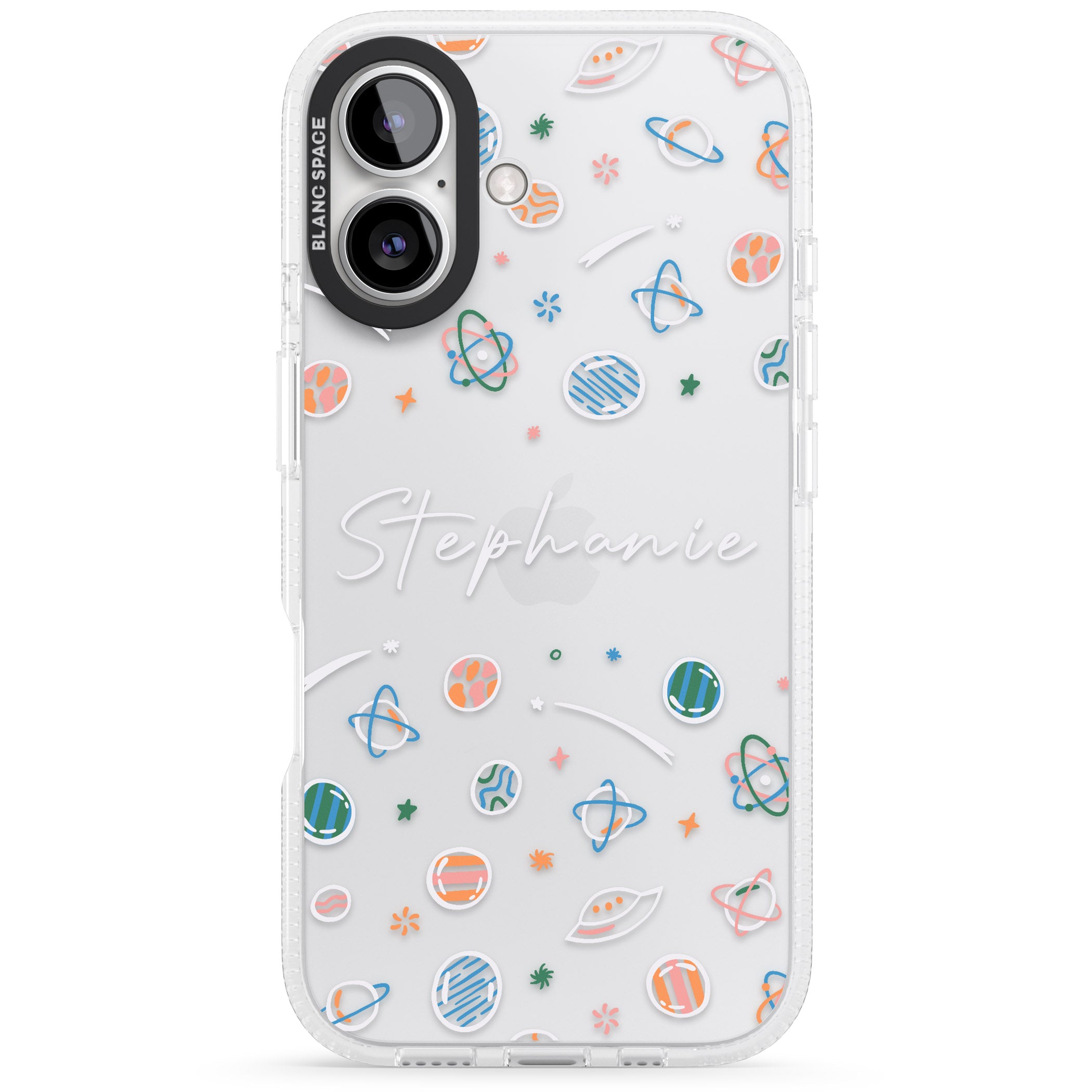 Personalised Space Pattern White iPhone 16 / 16 Plus Clear Case Impact Air - Blanc Space