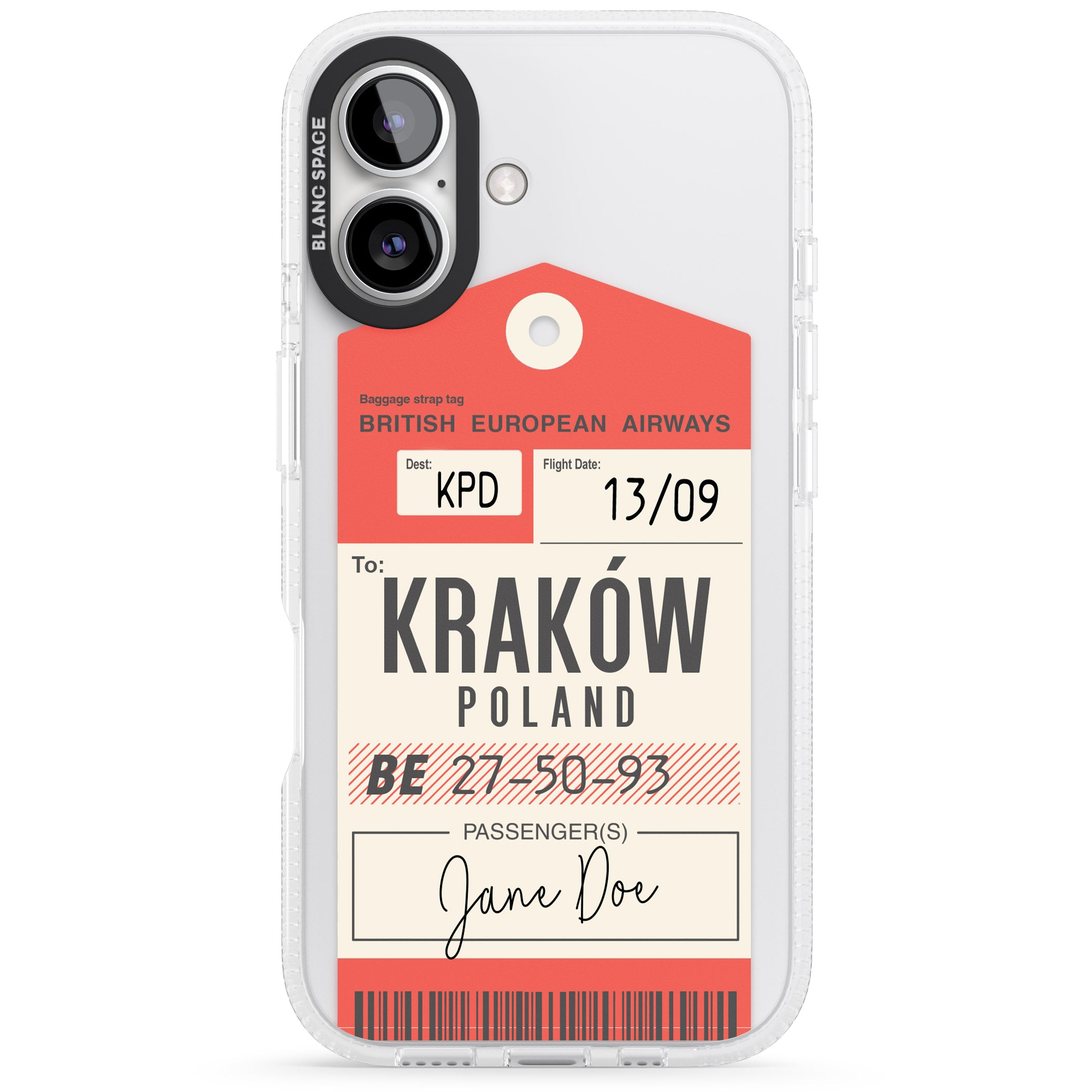 Personalised Vintage BEA Luggage Tag iPhone 16 / 16 Plus Clear Case Impact Air - Blanc Space