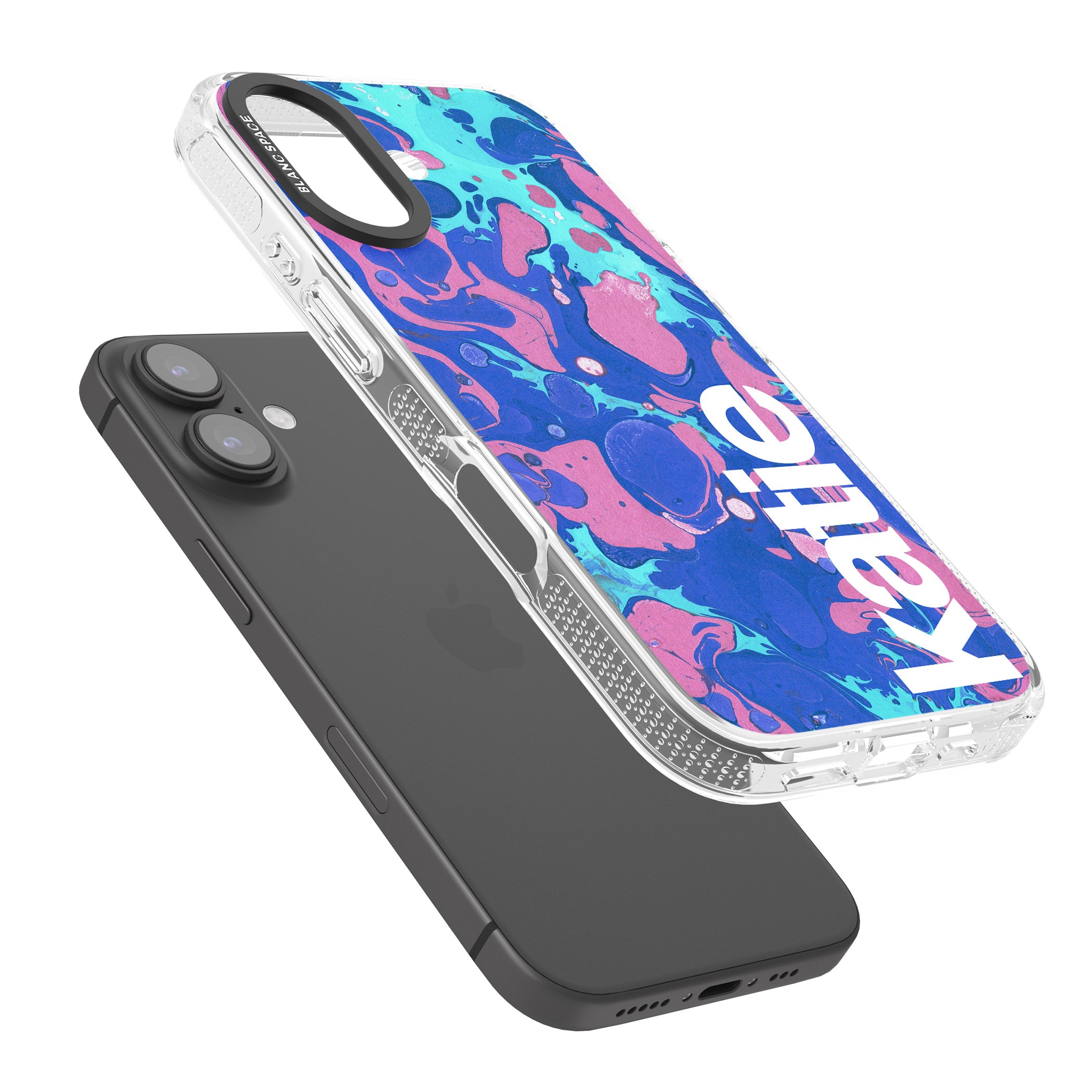 Personalised Navy, Turquoise + Purple - Marbled iPhone 16 / 16 Plus Clear Case Impact Air - Blanc Space