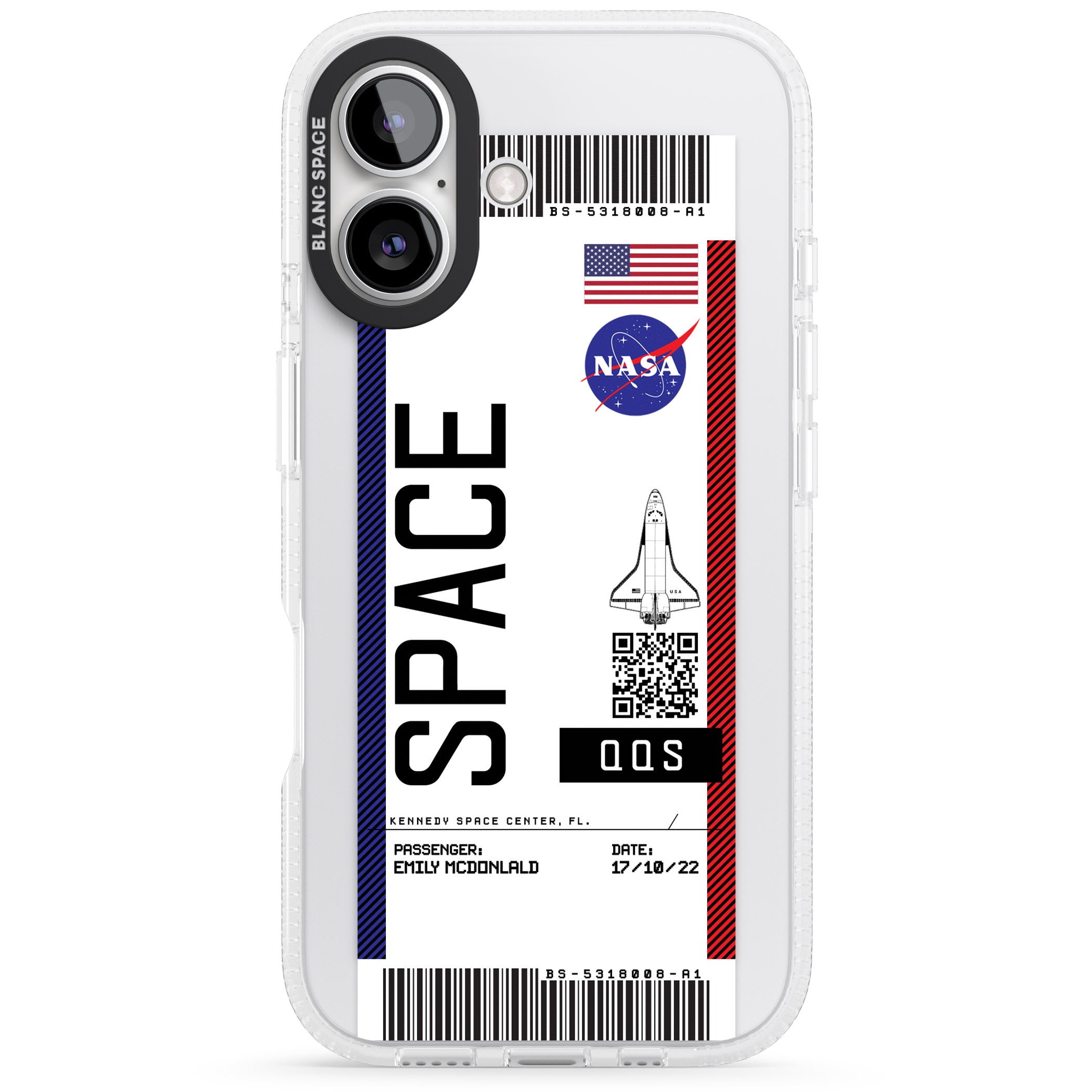 Personalised NASA Boarding Pass (Light) iPhone 16 / 16 Plus Clear Case Impact Air - Blanc Space
