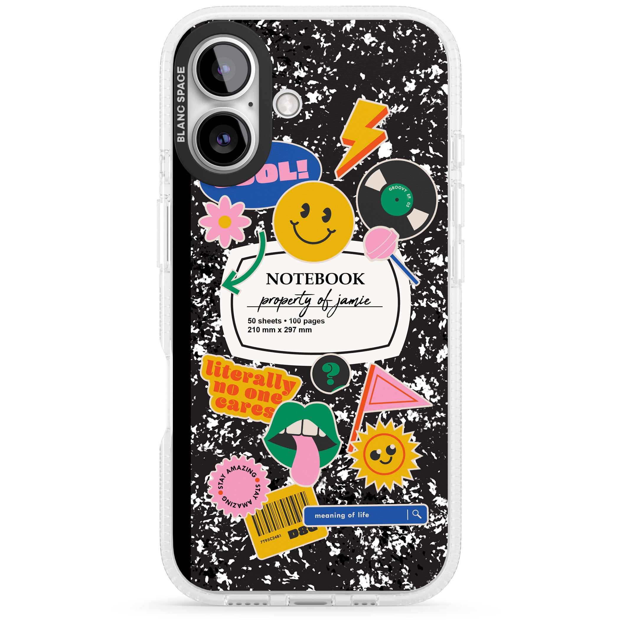 Personalised Notebook Cover with Stickers iPhone 16 / 16 Plus Clear Case Impact Air - Blanc Space