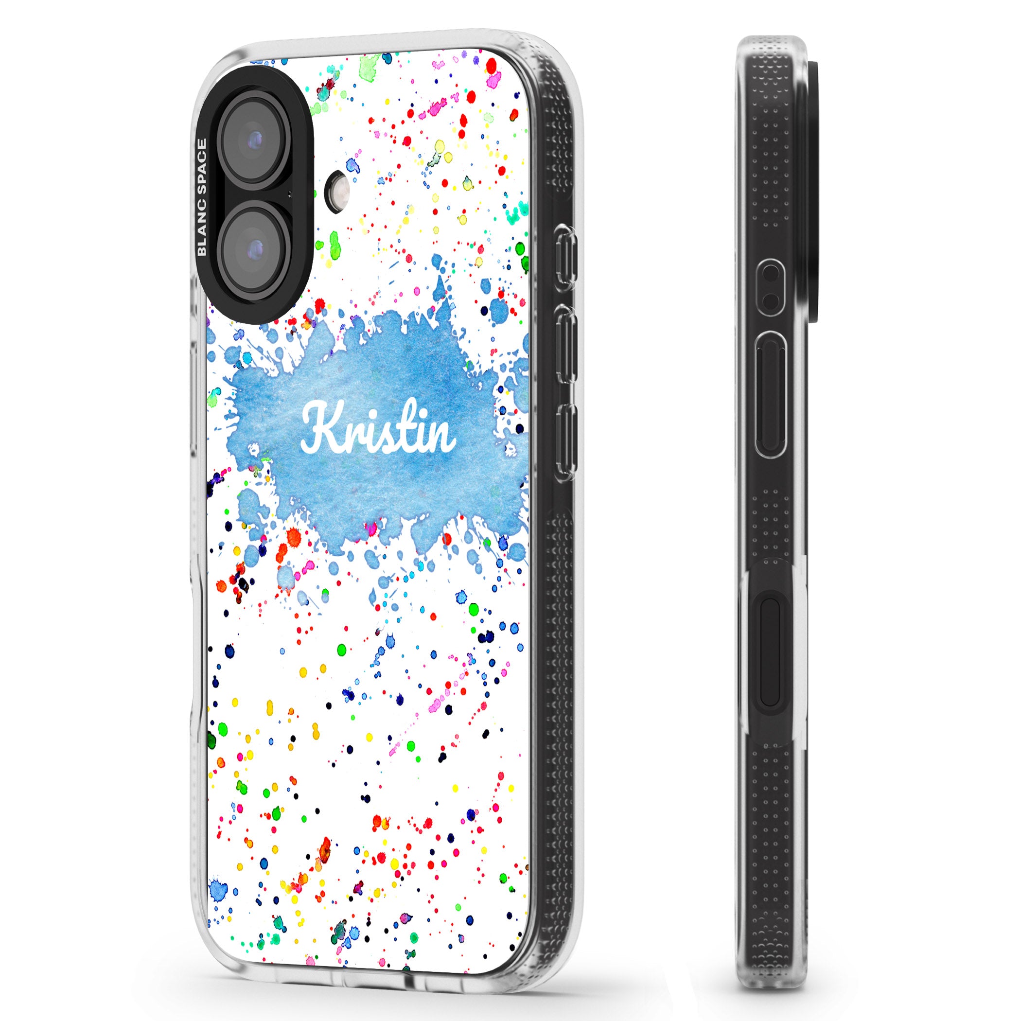 Personalised Rainbow Paint Splatter iPhone 16 / 16 Plus Clear Case Impact Air - Blanc Space