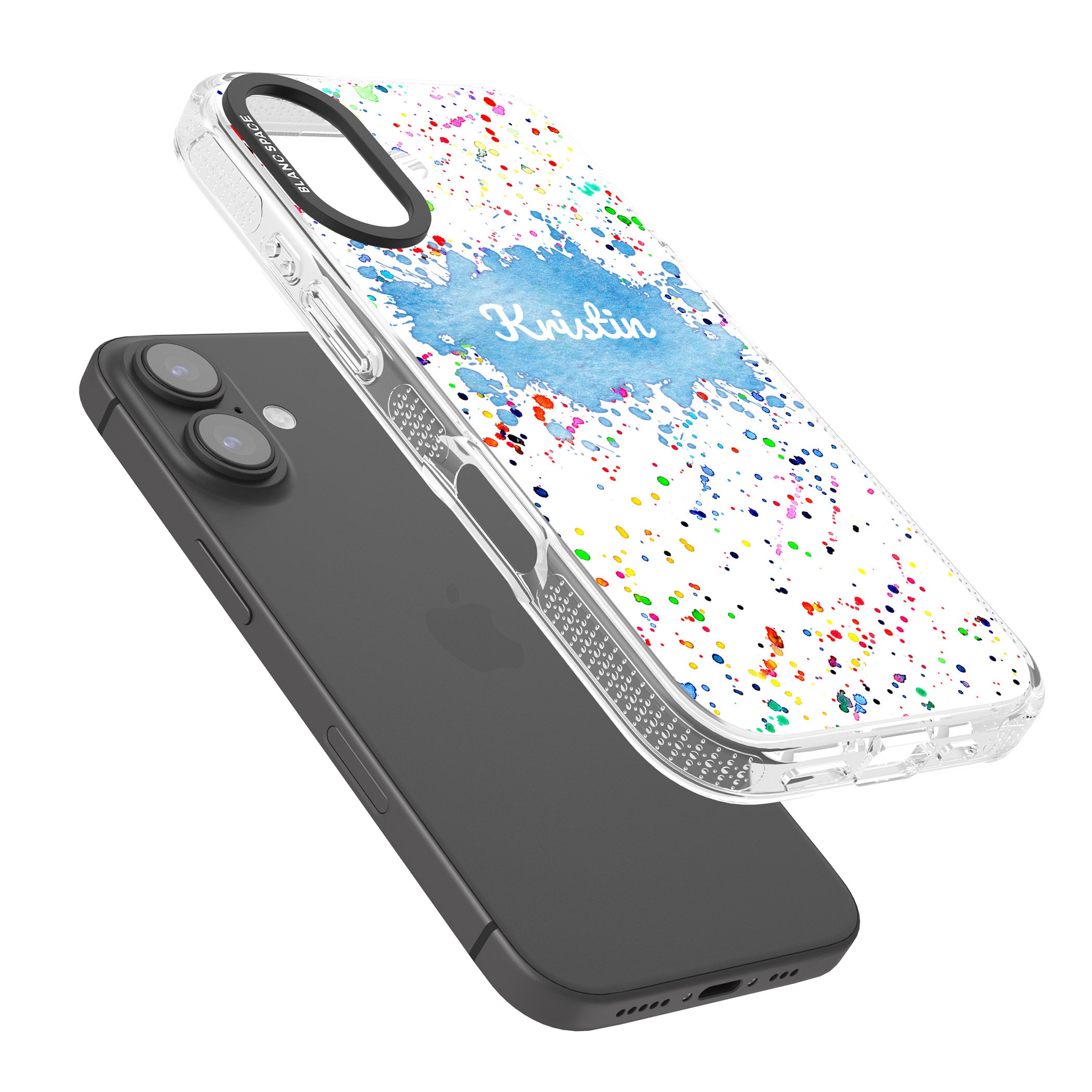 Personalised Rainbow Paint Splatter iPhone 16 / 16 Plus Clear Case Impact Air - Blanc Space