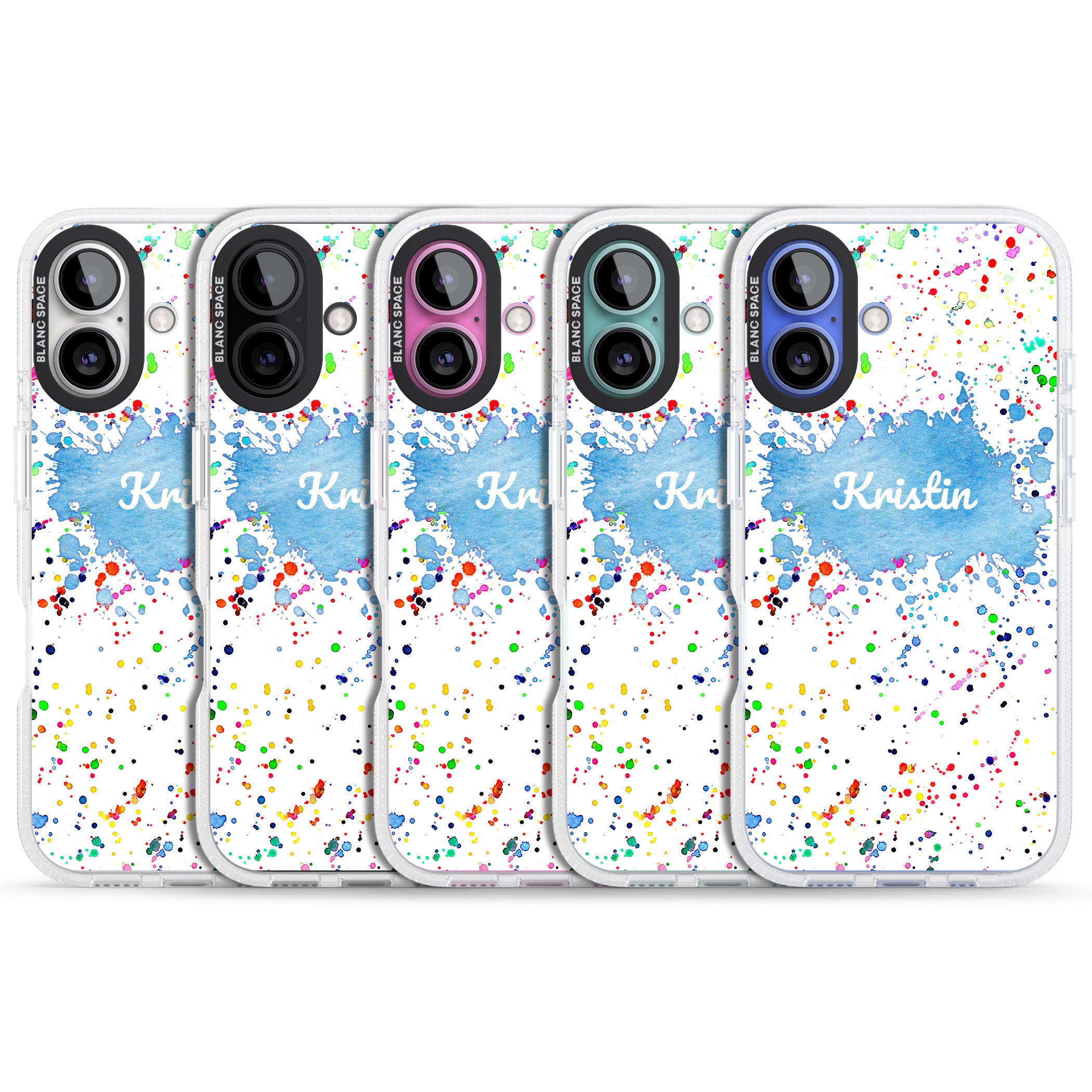 Personalised Rainbow Paint Splatter iPhone 16 / 16 Plus Clear Case Impact Air - Blanc Space
