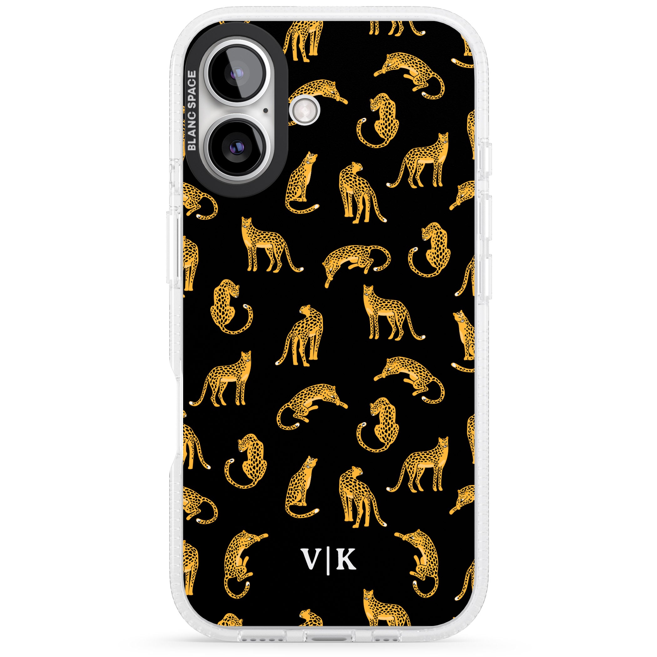 Personalised Cheetah Pattern: Black iPhone 16 / 16 Plus Clear Case Impact Air - Blanc Space