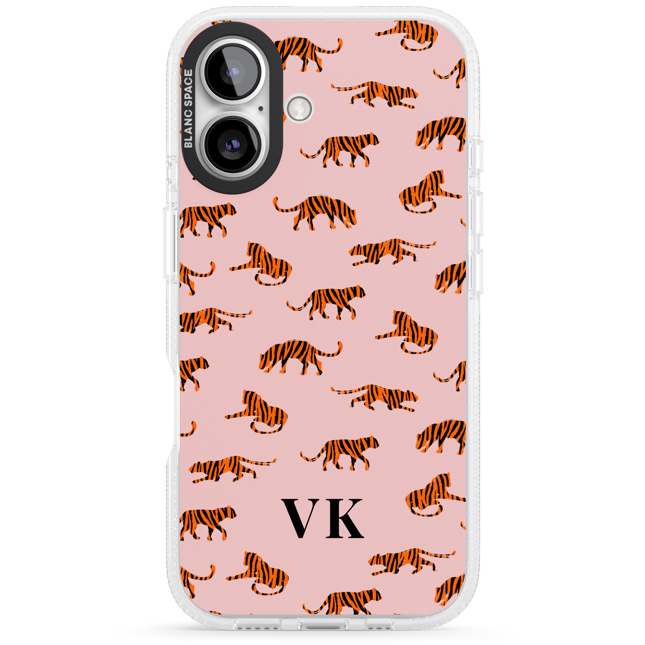 Personalised Safari Tiger Pattern on Pink iPhone 16 / 16 Plus Clear Case Impact Air - Blanc Space