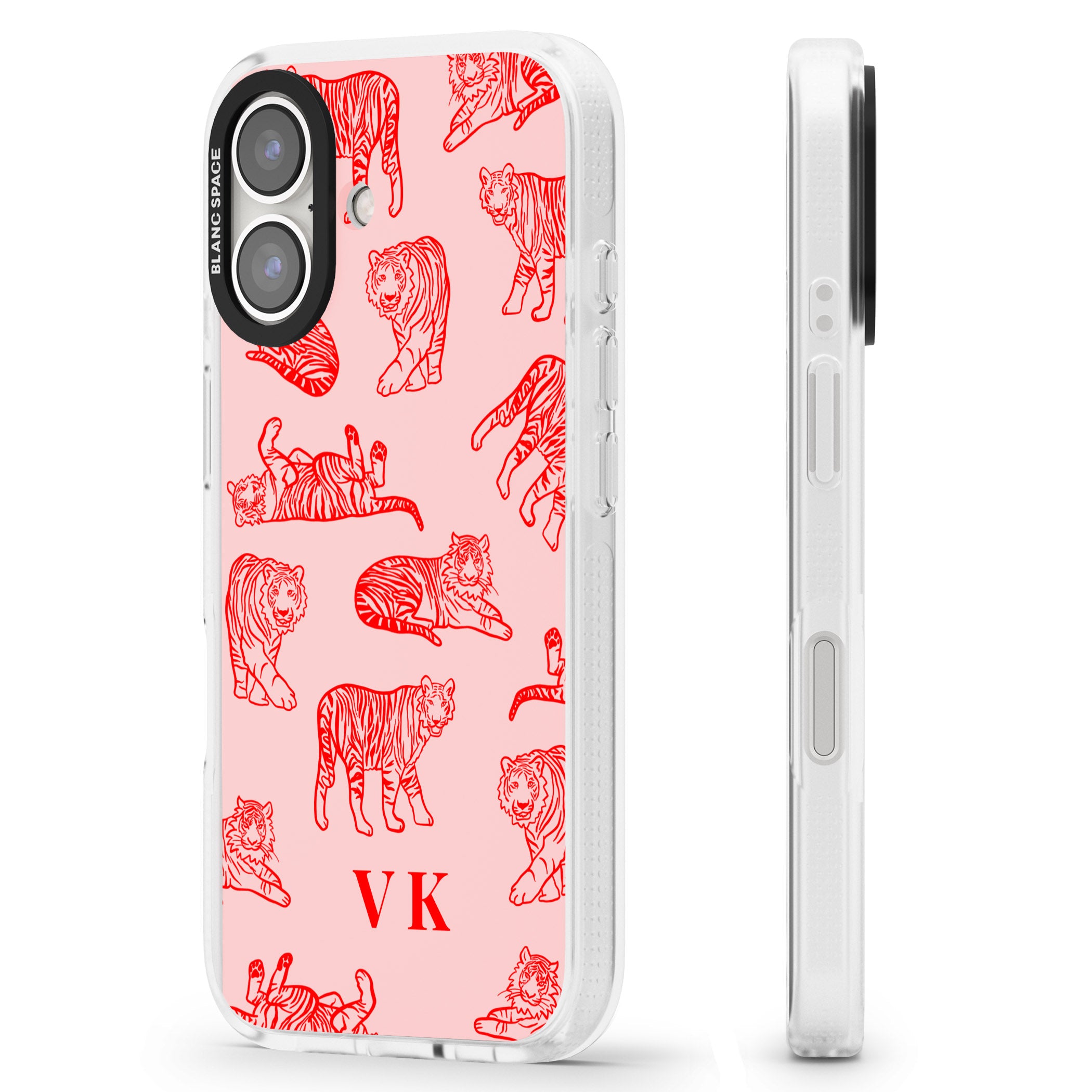 Personalised Red Tiger Outlines on Pink iPhone 16 / 16 Plus Clear Case Impact Air - Blanc Space