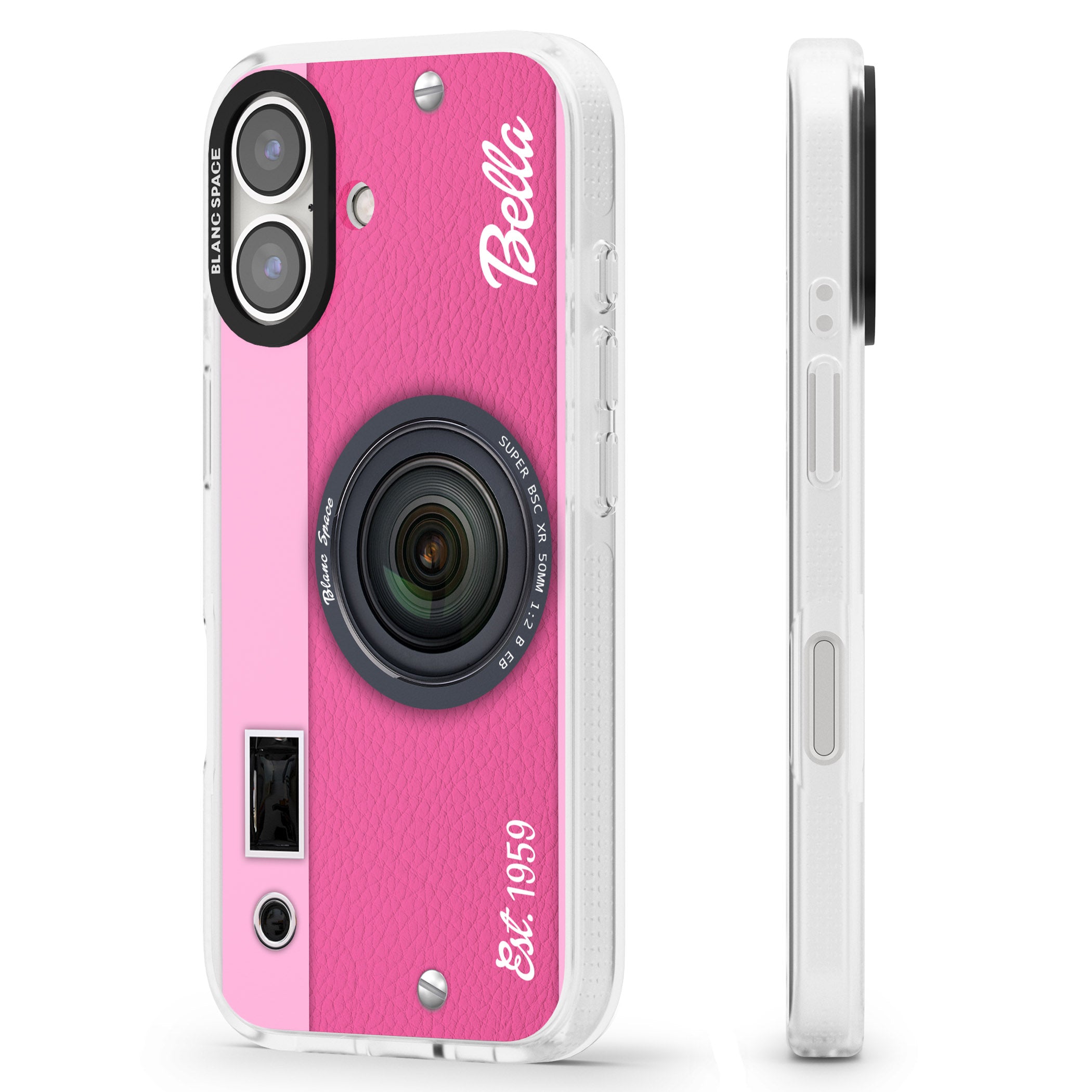 Personalised Pink Dream Camera iPhone 16 / 16 Plus Clear Case Impact Air - Blanc Space