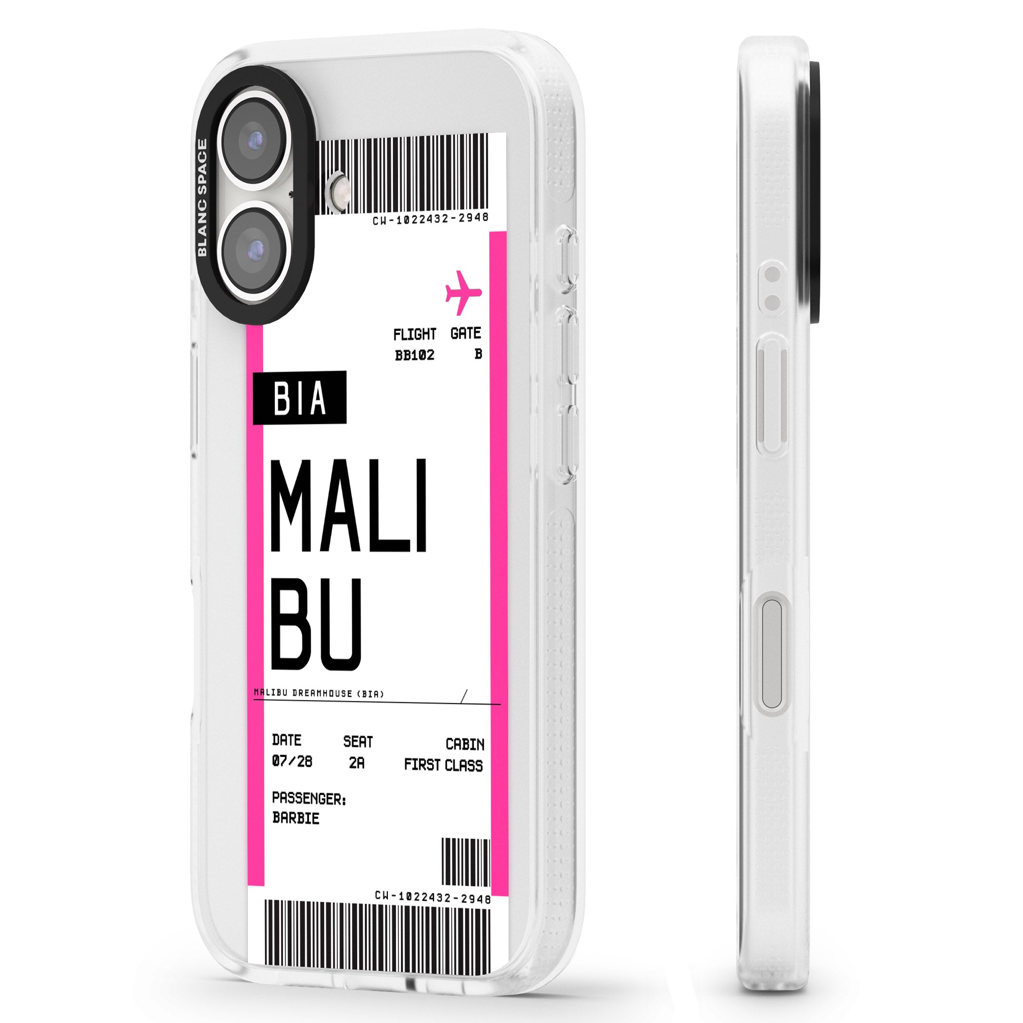 Personalised Pink Malibu Boarding Pass iPhone 16 / 16 Plus Clear Case Impact Air - Blanc Space