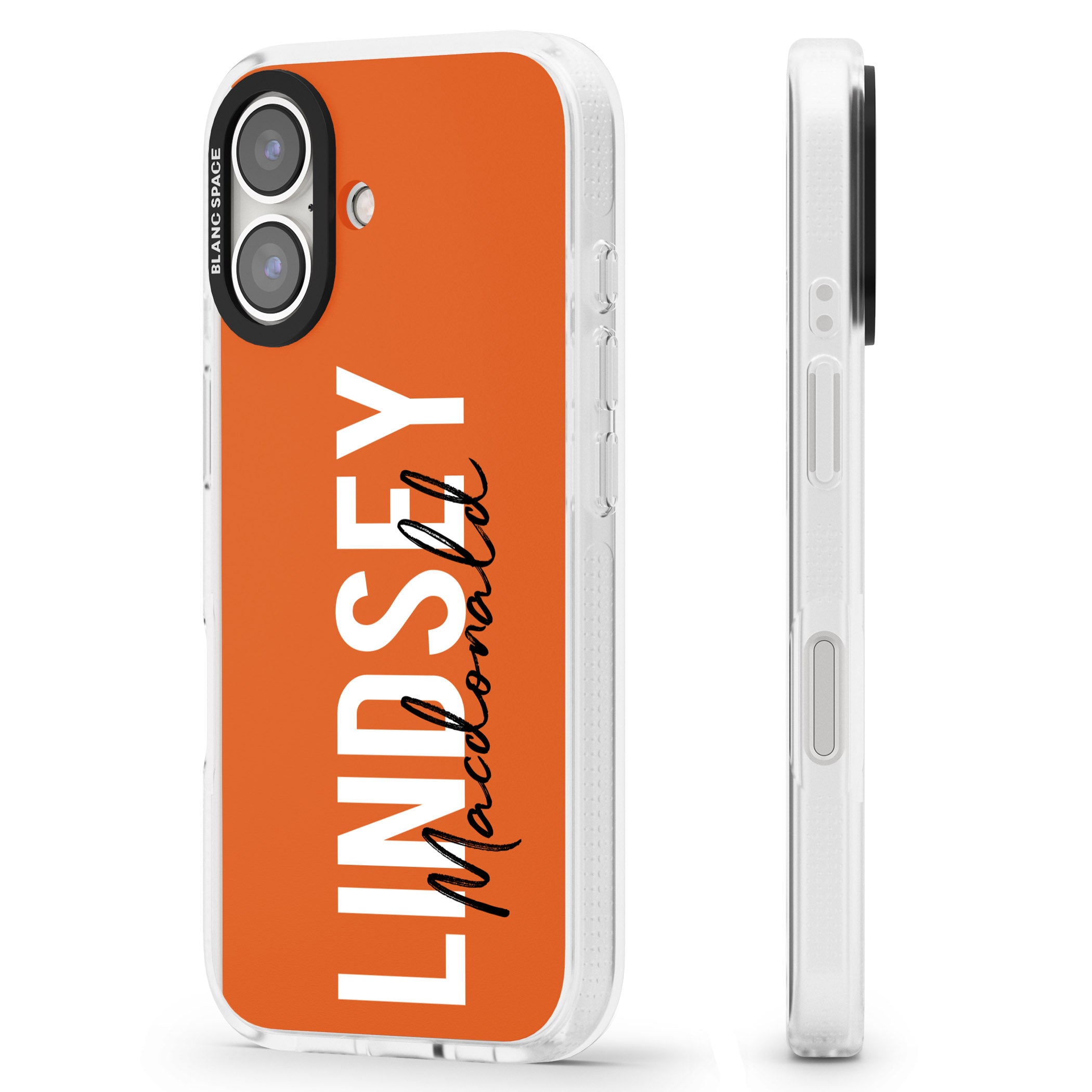 Personalised Bold Name: Orange iPhone 16 / 16 Plus Clear Case Impact Air - Blanc Space