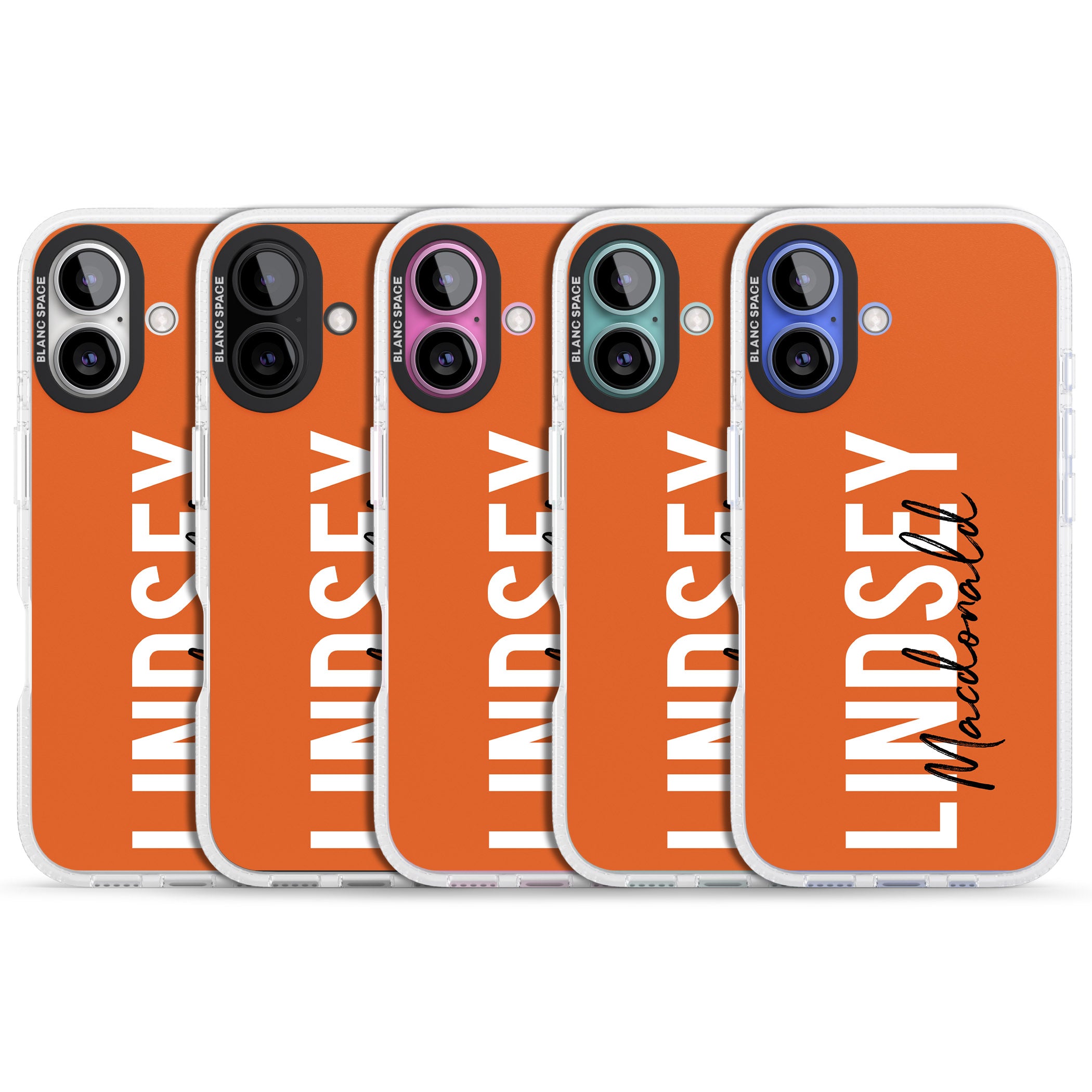 Personalised Bold Name: Orange iPhone 16 / 16 Plus Clear Case Impact Air - Blanc Space