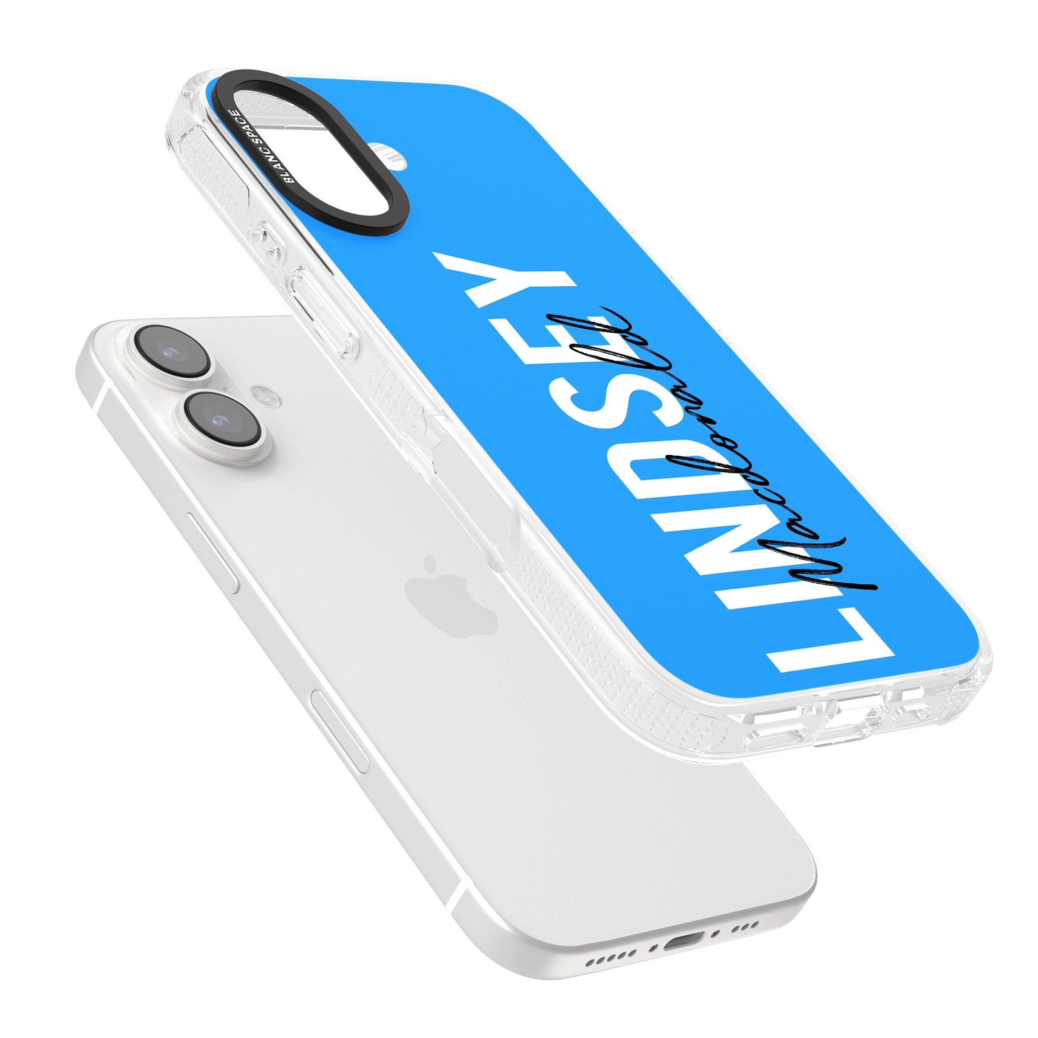 Personalised Bold Name: Blue iPhone 16 / 16 Plus Clear Case Impact Air - Blanc Space