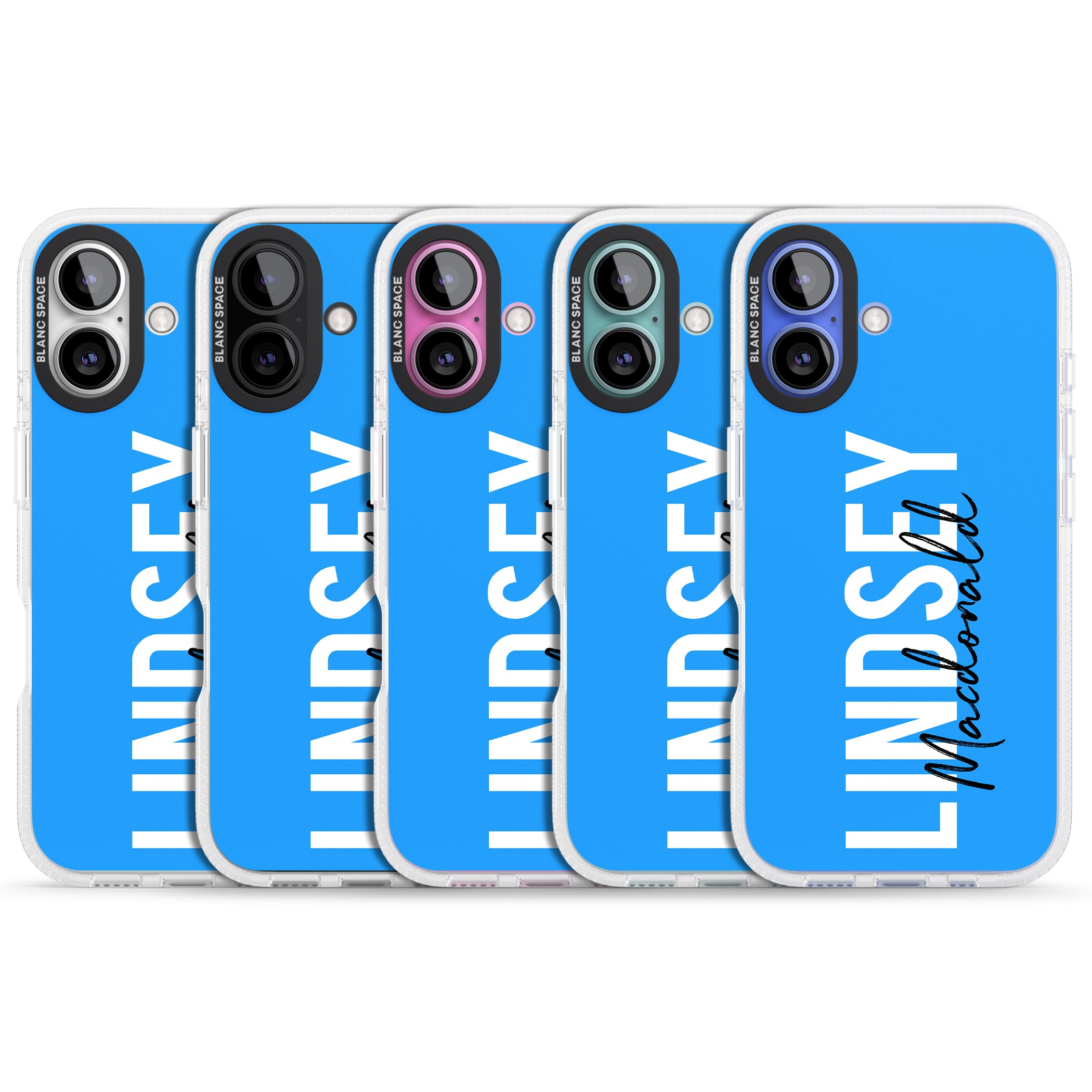Personalised Bold Name: Blue iPhone 16 / 16 Plus Clear Case Impact Air - Blanc Space