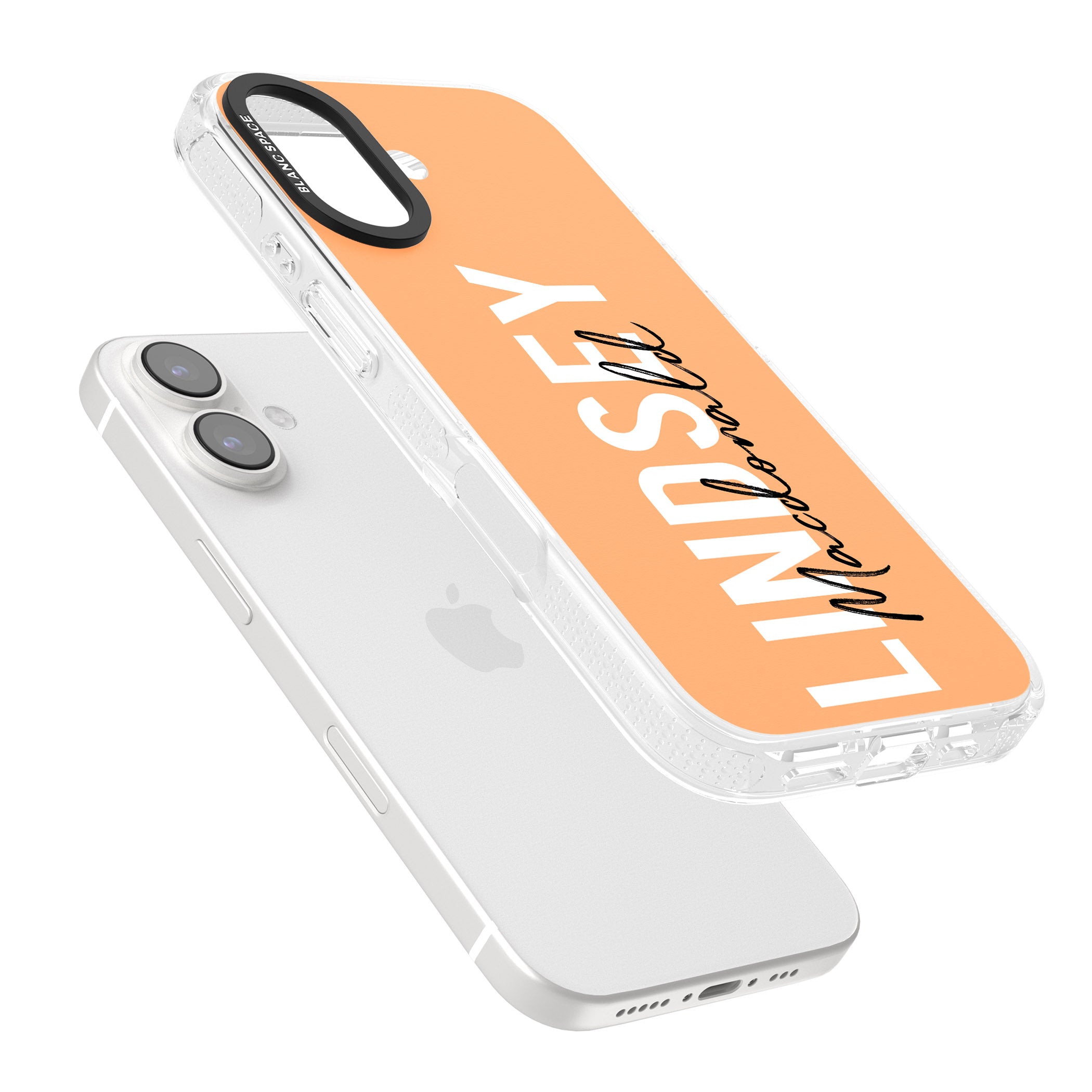 Personalised Bold Name: Peach iPhone 16 / 16 Plus Clear Case Impact Air - Blanc Space