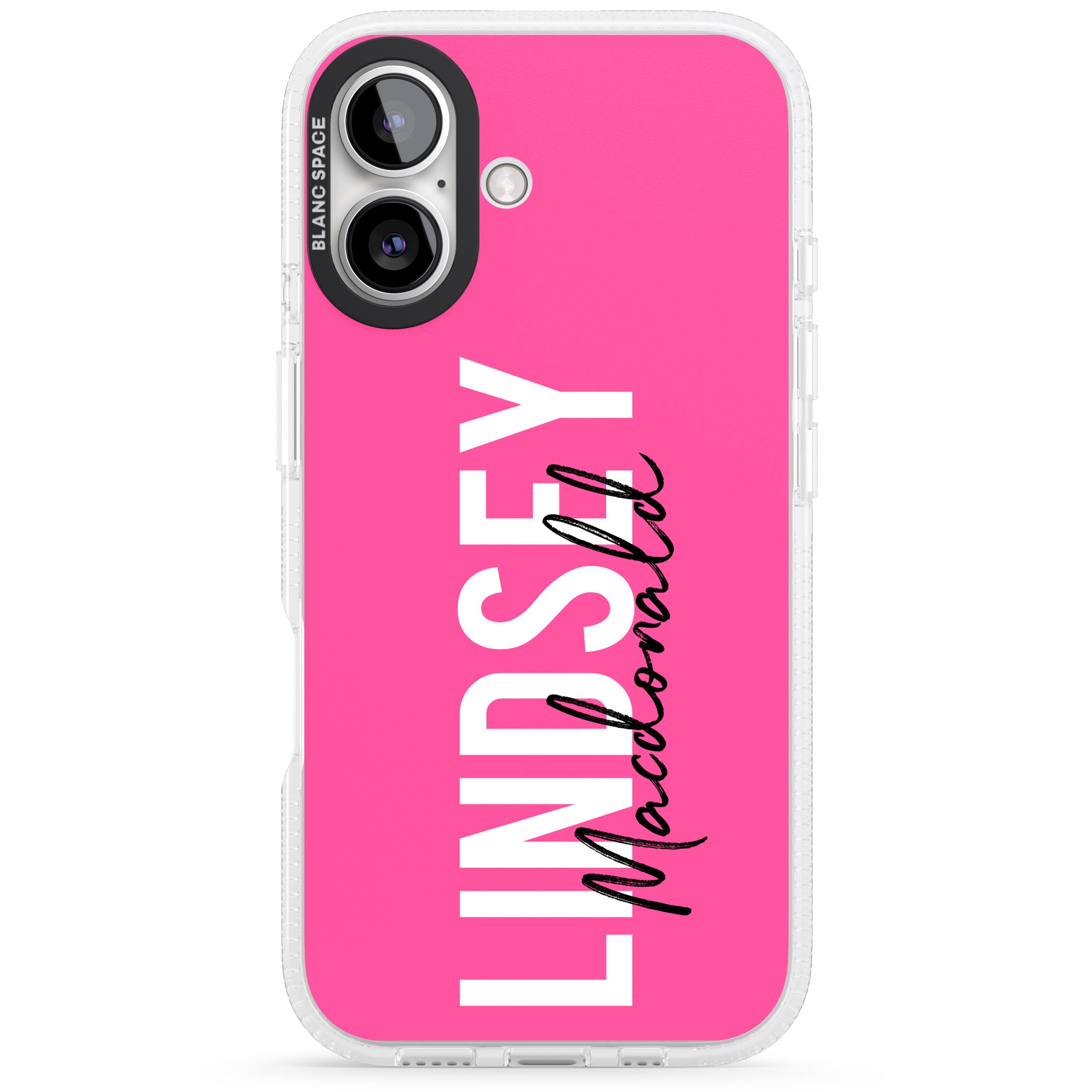 Personalised Bold Name: Pink iPhone 16 / 16 Plus Clear Case Impact Air - Blanc Space