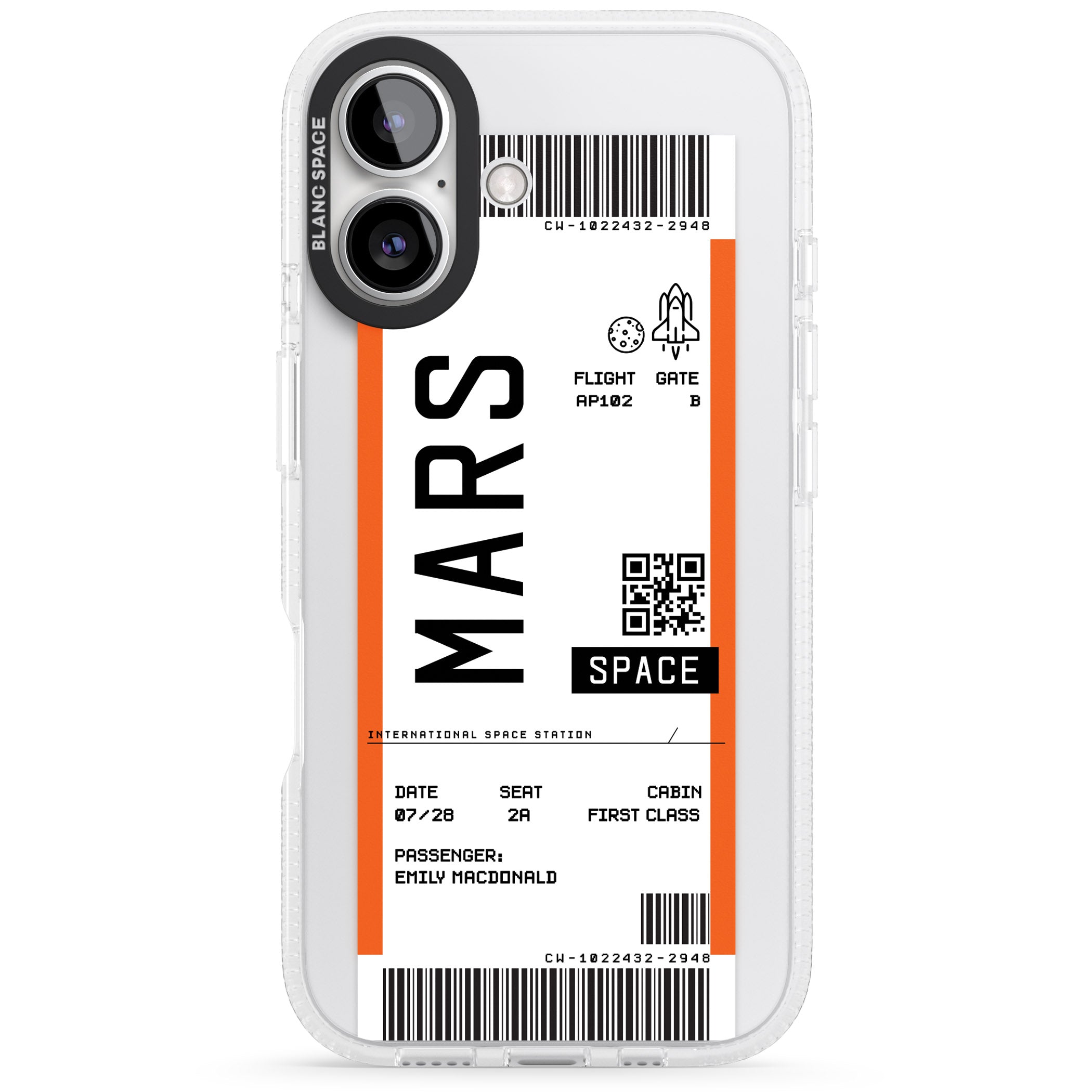 Personalised Mars Space Travel Ticket iPhone 16 / 16 Plus Clear Case Impact Air - Blanc Space