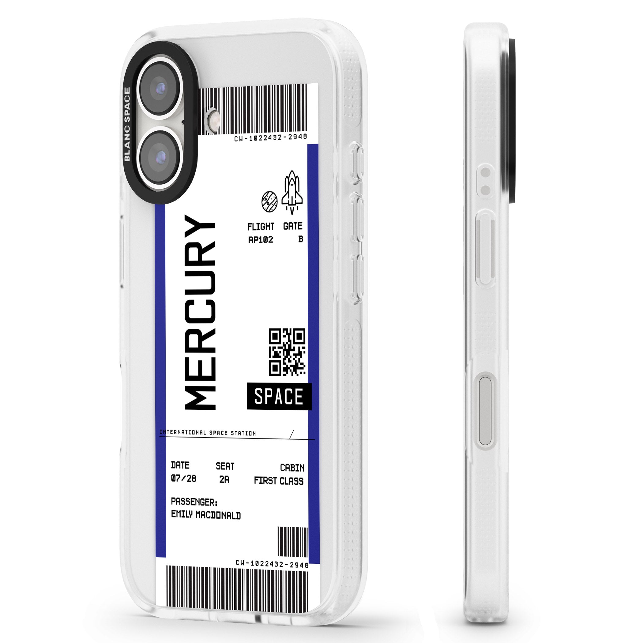 Personalised Mercury Space Travel Ticket iPhone 16 / 16 Plus Clear Case Impact Air - Blanc Space