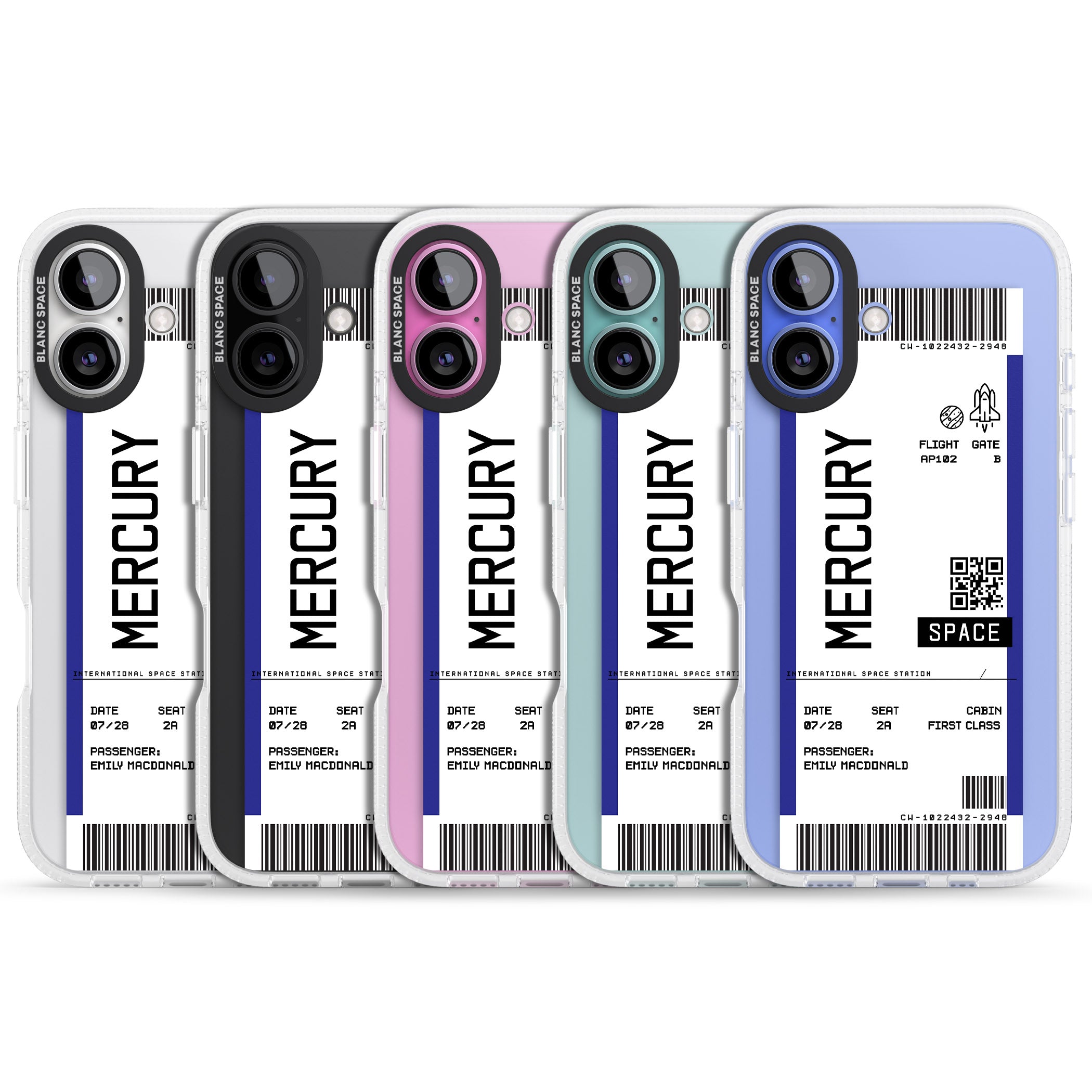 Personalised Mercury Space Travel Ticket iPhone 16 / 16 Plus Clear Case Impact Air - Blanc Space