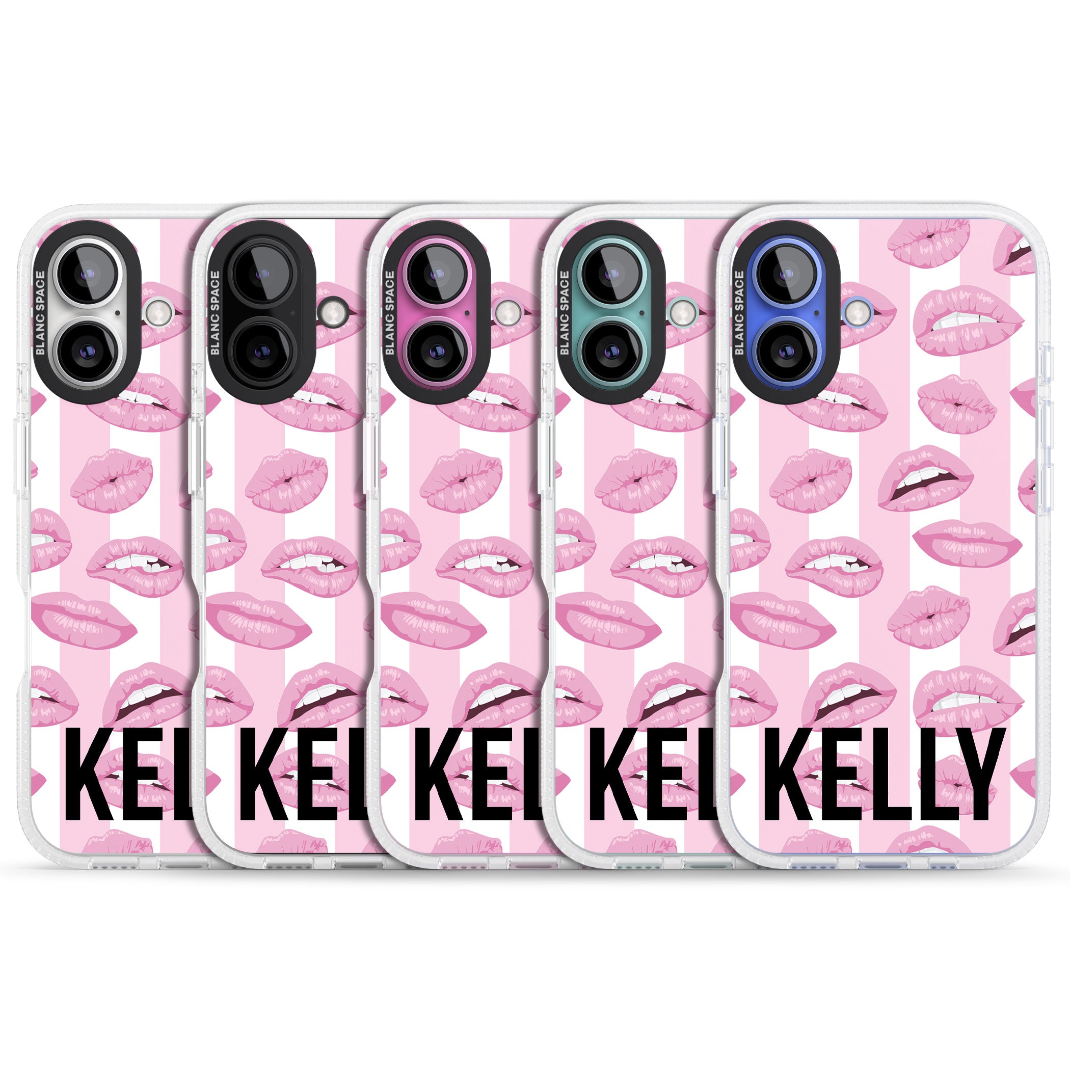 Personalised Pink Stripes & Lips iPhone 16 / 16 Plus Clear Case Impact Air - Blanc Space