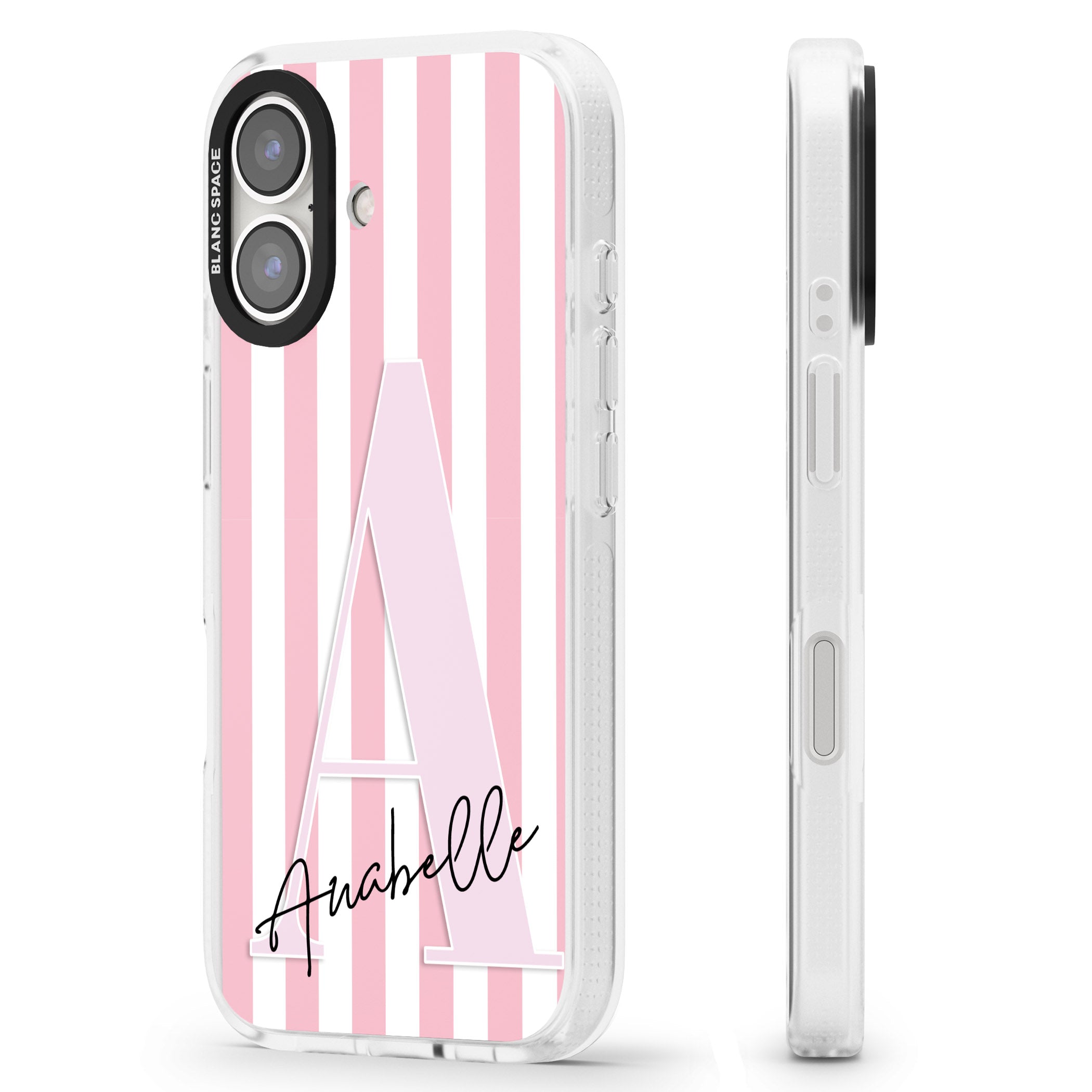 Personalised Pink Stripes & Large Monogram iPhone 16 / 16 Plus Clear Case Impact Air - Blanc Space