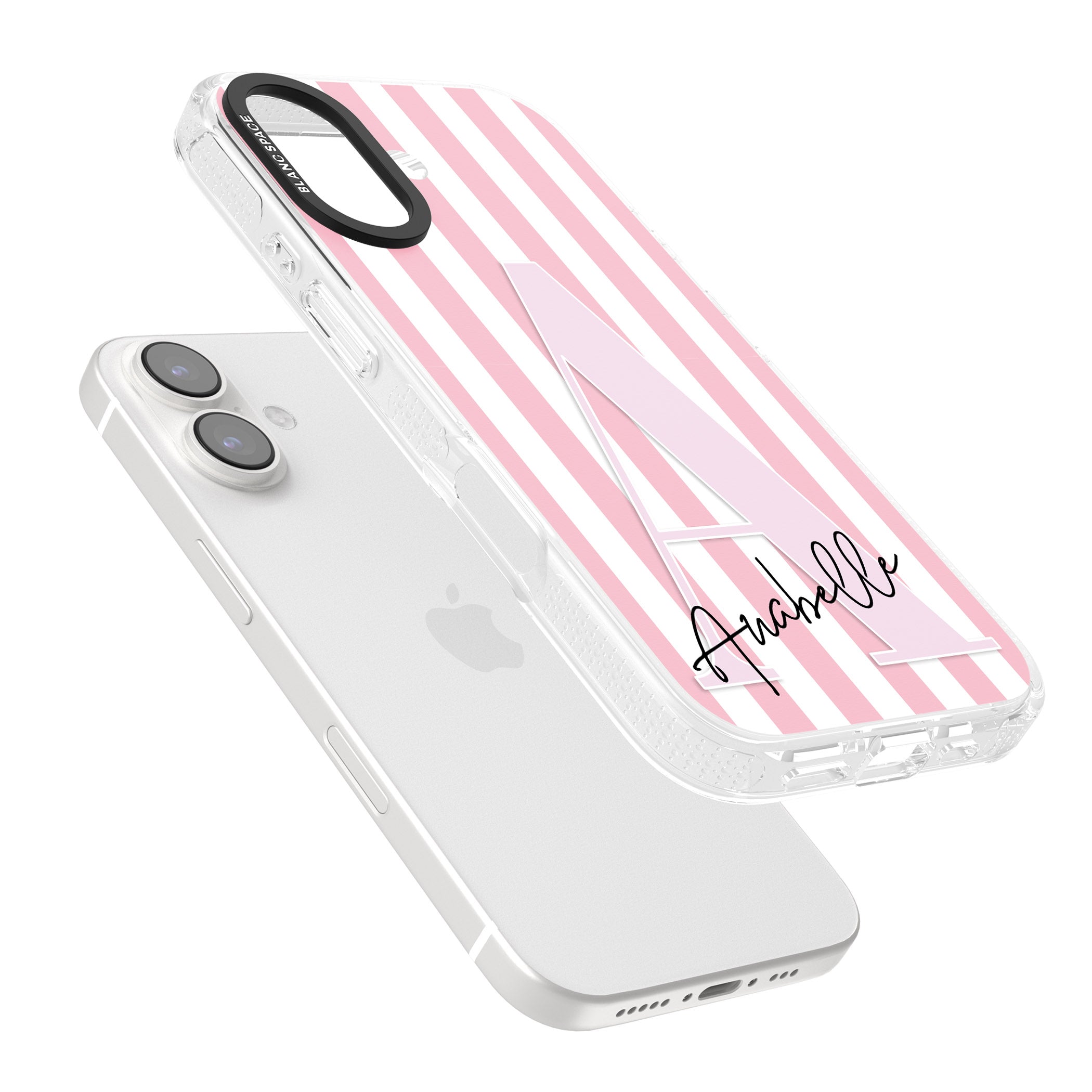 Personalised Pink Stripes & Large Monogram iPhone 16 / 16 Plus Clear Case Impact Air - Blanc Space