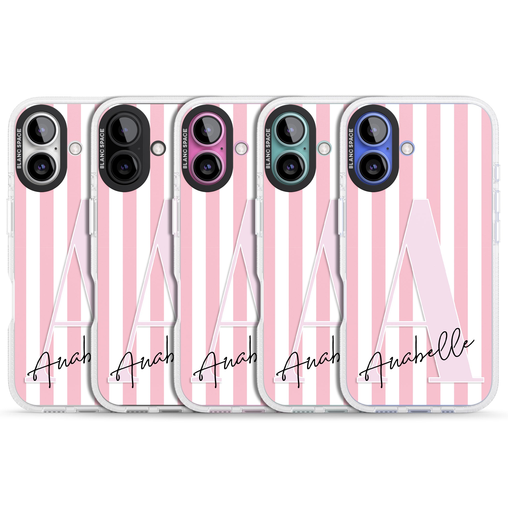 Personalised Pink Stripes & Large Monogram iPhone 16 / 16 Plus Clear Case Impact Air - Blanc Space