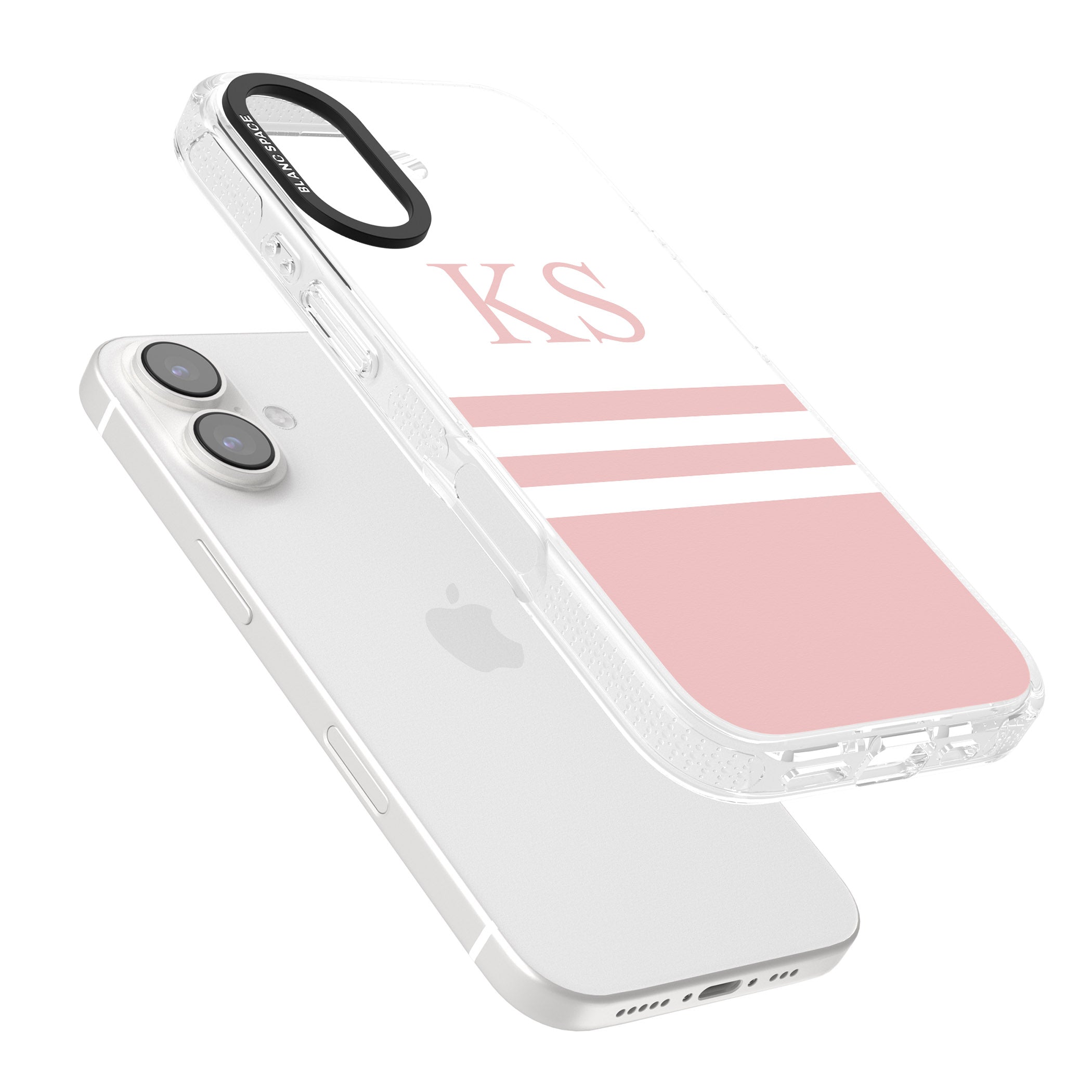 Personalised Minimal Pink Stripes & Initials iPhone 16 / 16 Plus Clear Case Impact Air - Blanc Space