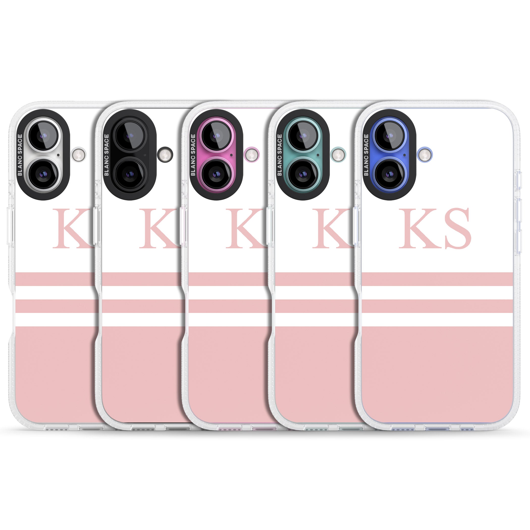 Personalised Minimal Pink Stripes & Initials iPhone 16 / 16 Plus Clear Case Impact Air - Blanc Space