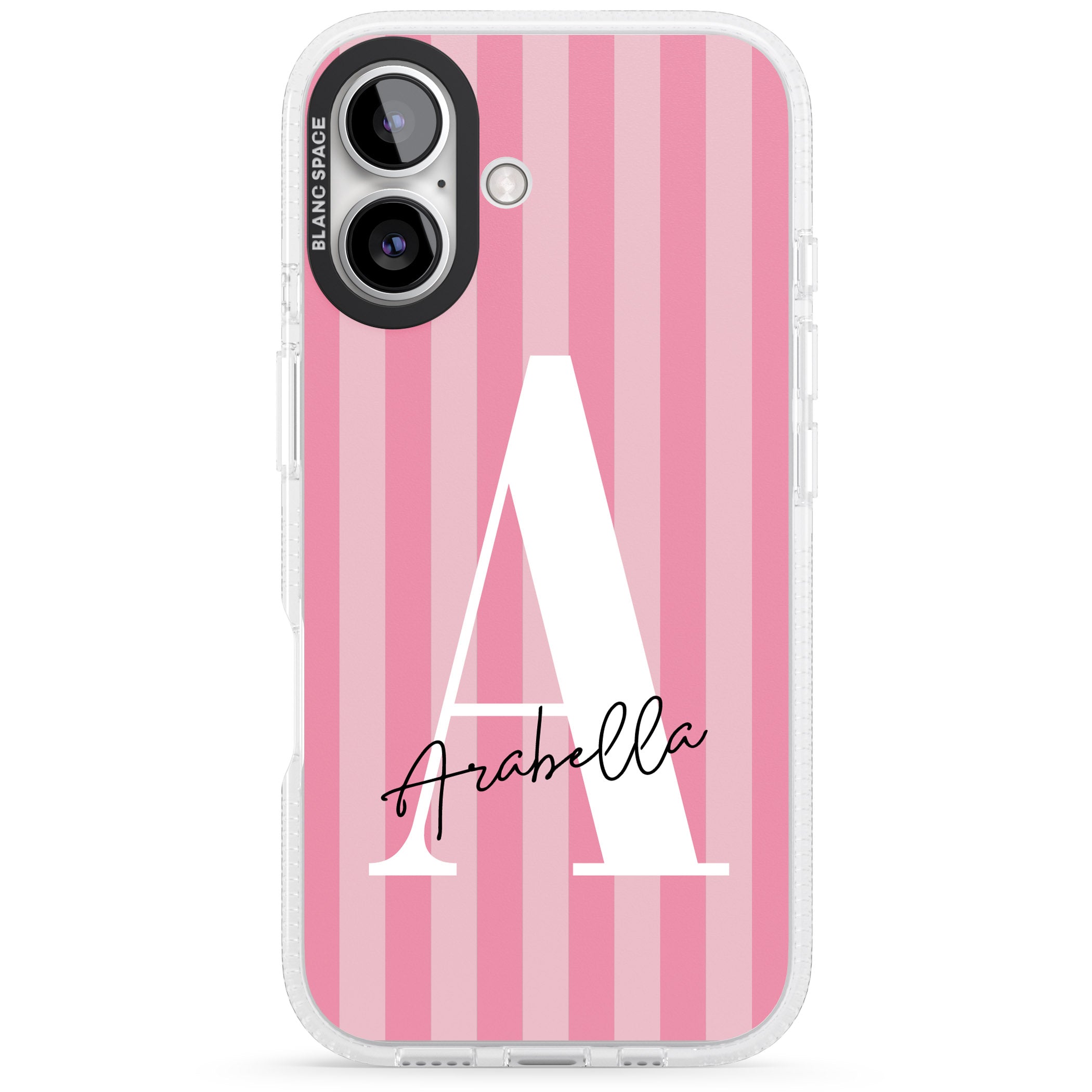 Personalised Pink on Pink Stripes iPhone 16 / 16 Plus Clear Case Impact Air - Blanc Space