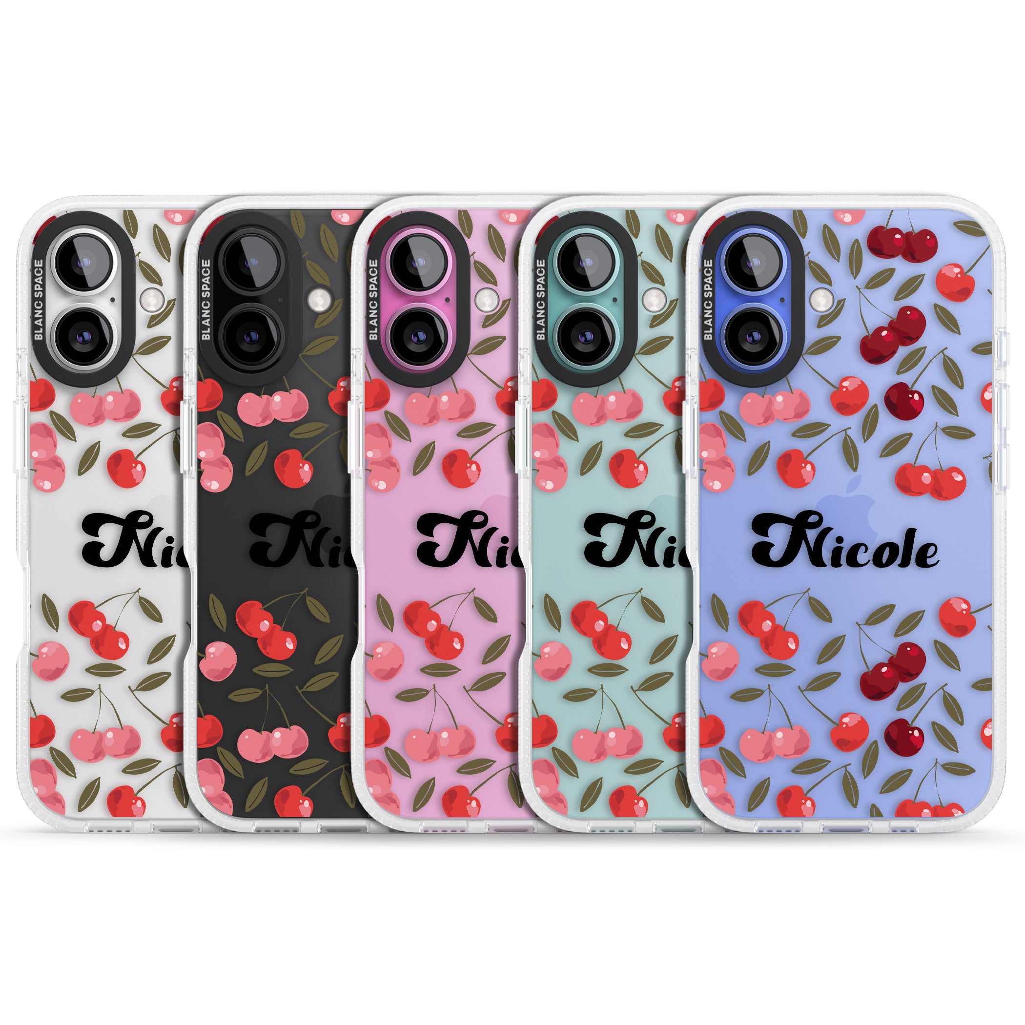 Personalised Cherry Pattern iPhone 16 / 16 Plus Clear Case Impact Air - Blanc Space