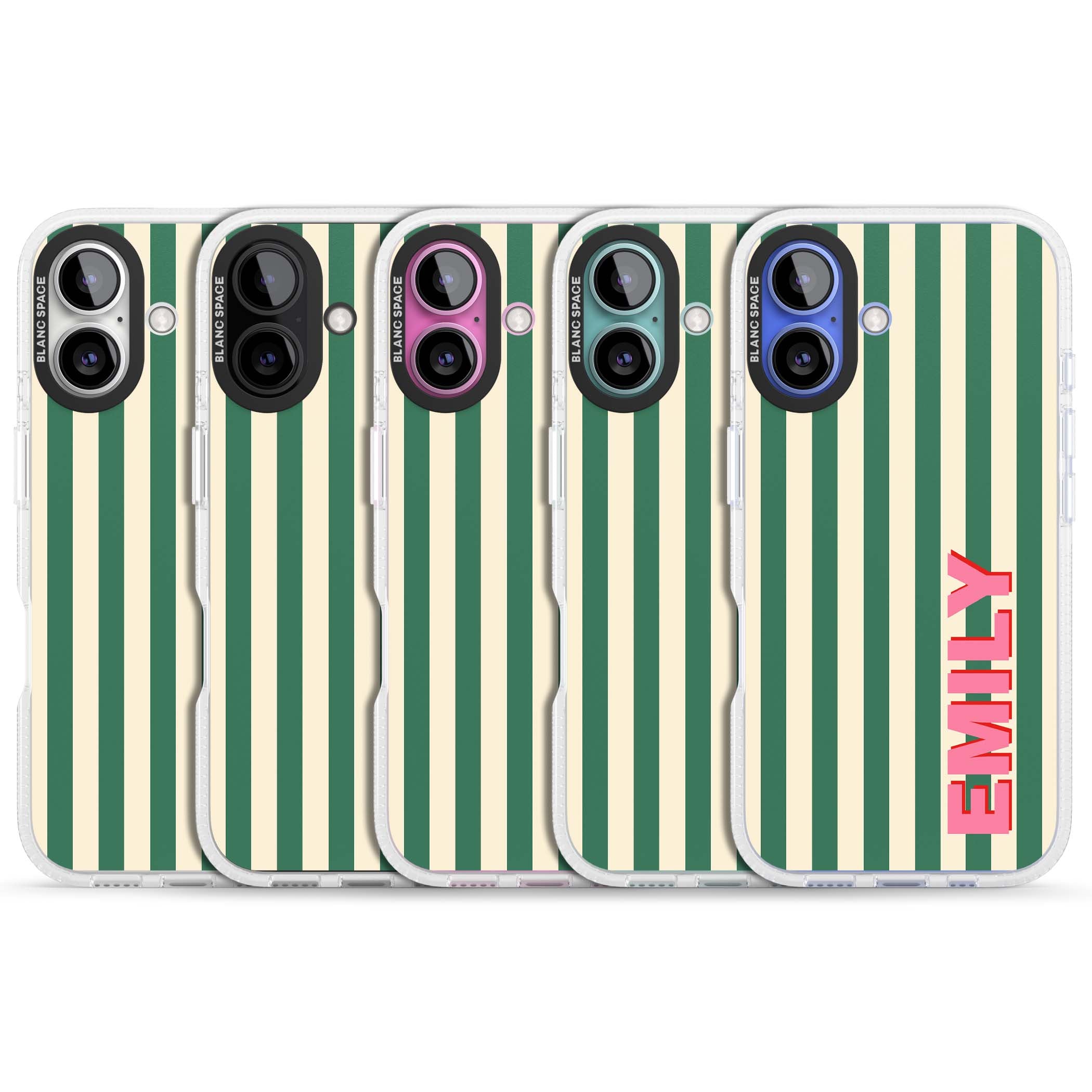 Wimbledon Stripe preppy iPhone case featuring green and cream vertical stripes with a personalised pink name | Clear Case Impact Air case for iPhone 16, iPhone 16 Plus