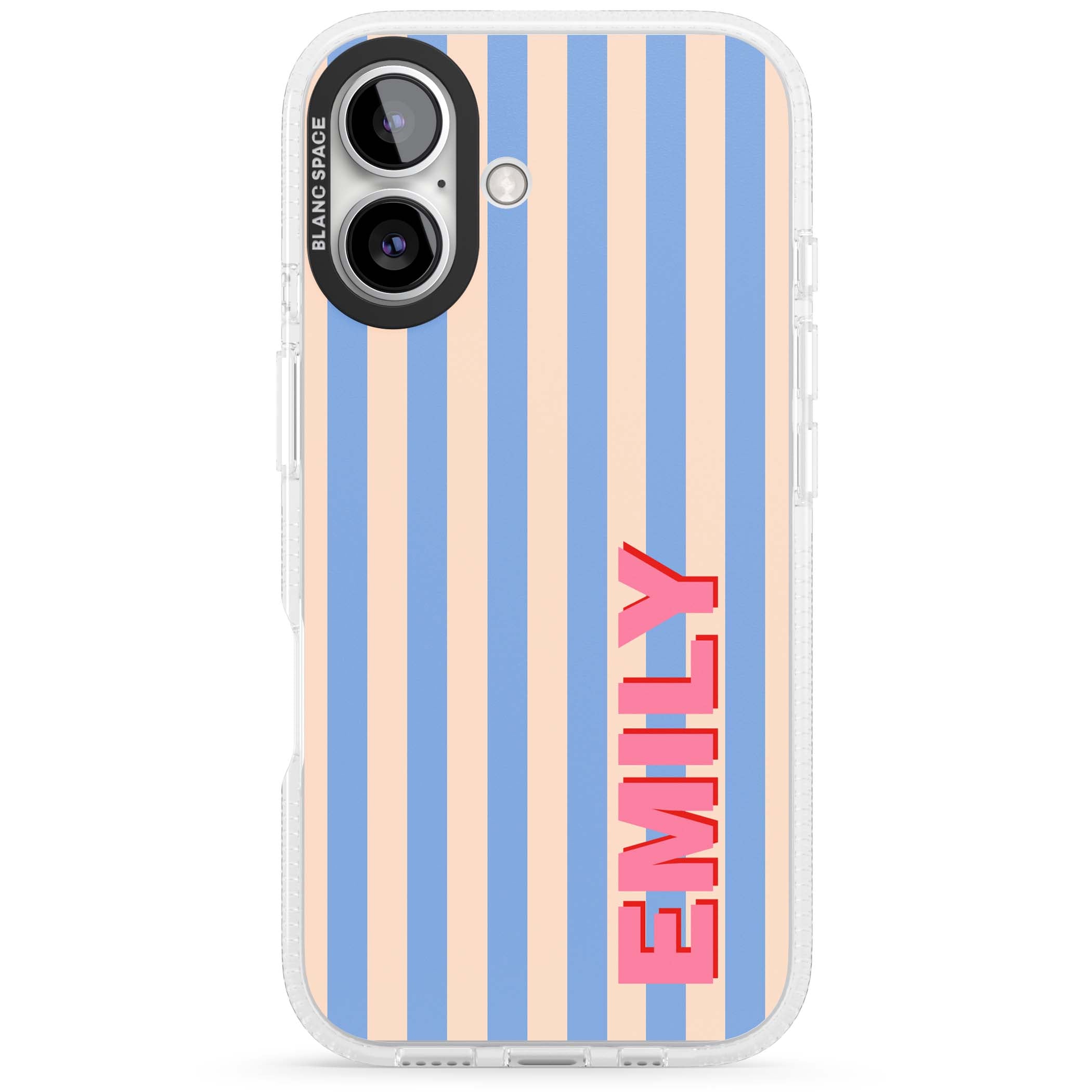 Coastal Stripe personalised coastal iPhone case with blue and peach vertical stripes and custom pink name | Clear Case Impact Air case for iPhone 16, iPhone 16 Plus