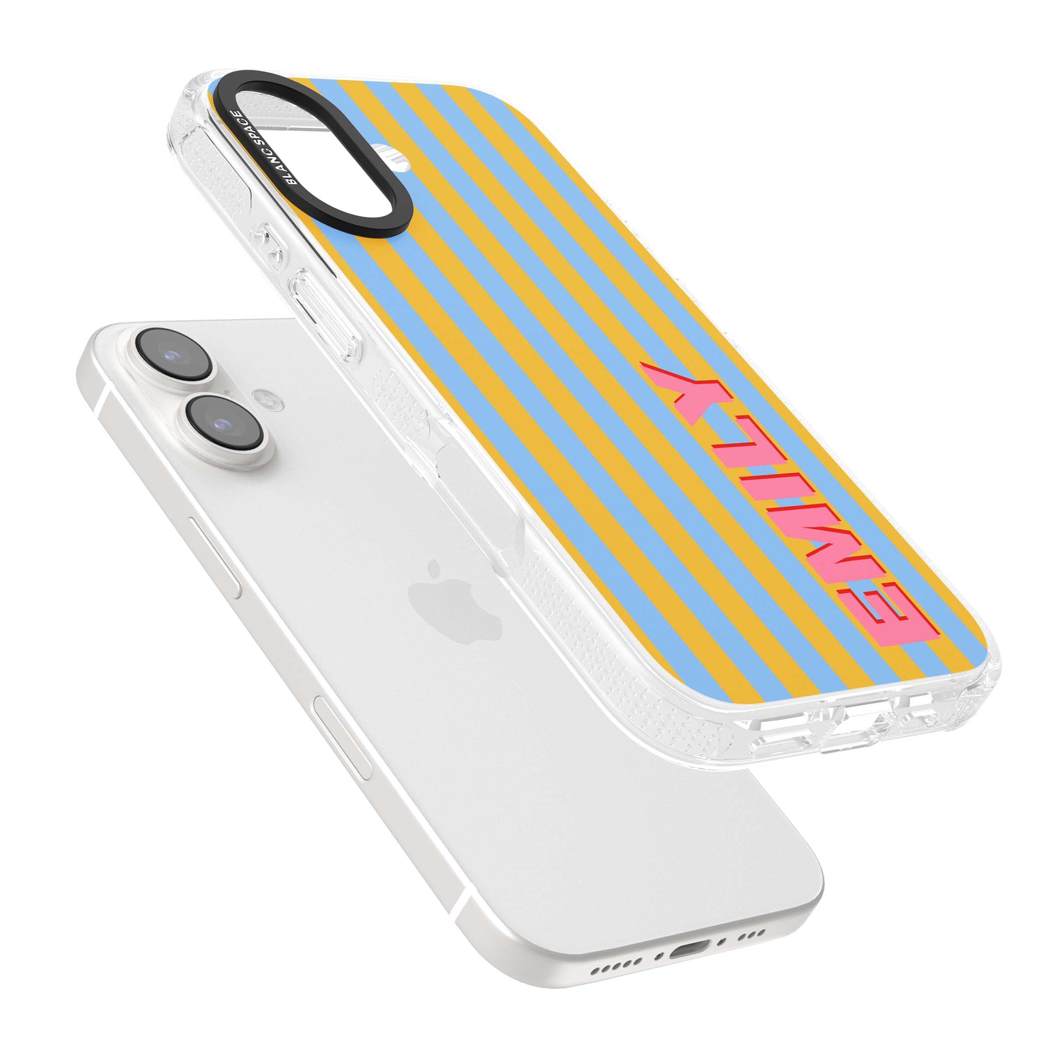 Carribean Stripe personalised coastal iPhone case with yellow and blue vertical stripes and a custom pink name | Clear Case Impact Air case for iPhone 16, iPhone 16 Plus