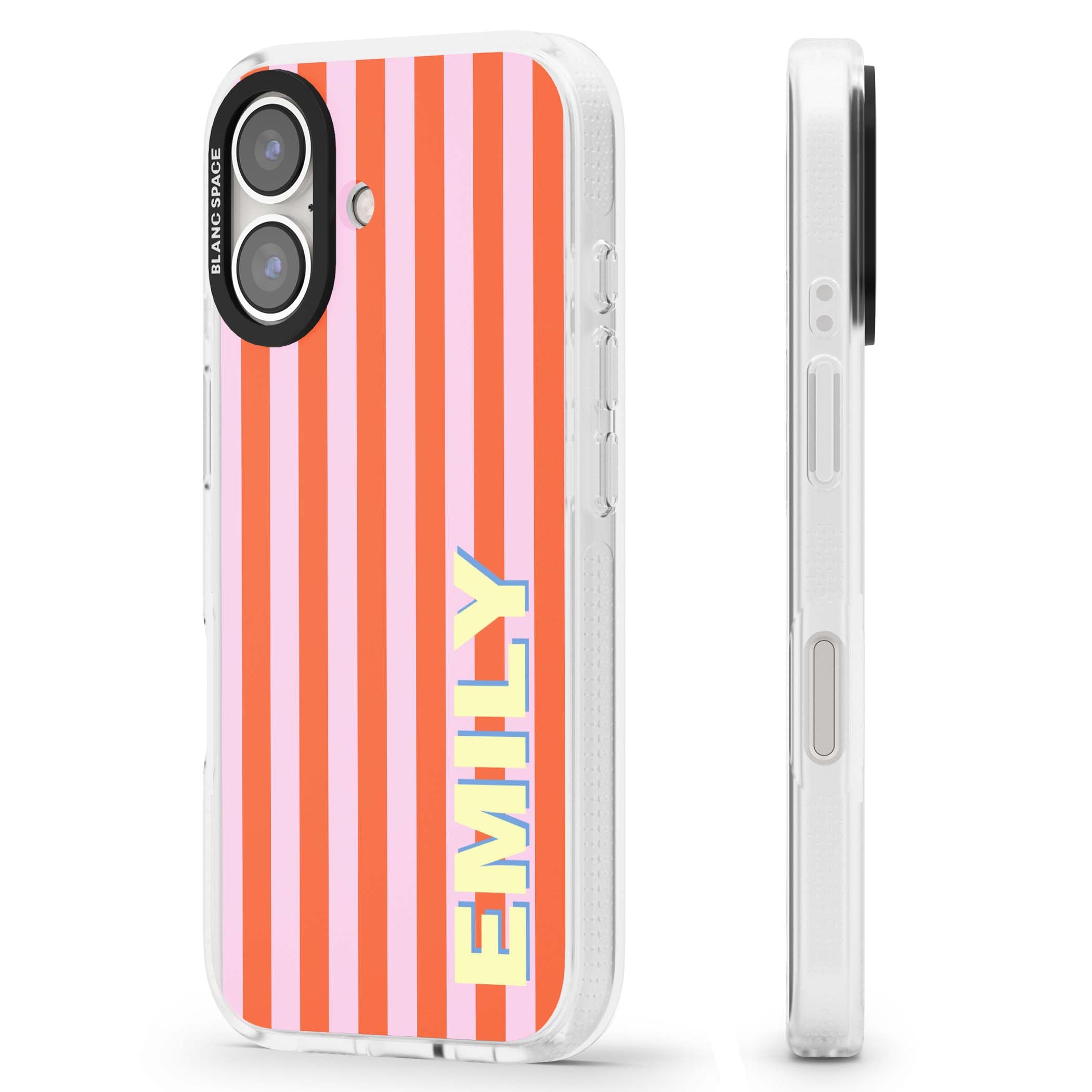Havana Stripe personalised iPhone case featuring pink and orange vertical stripes with a custom yellow name | Clear Case Impact Air case for iPhone 16, iPhone 16 Plus