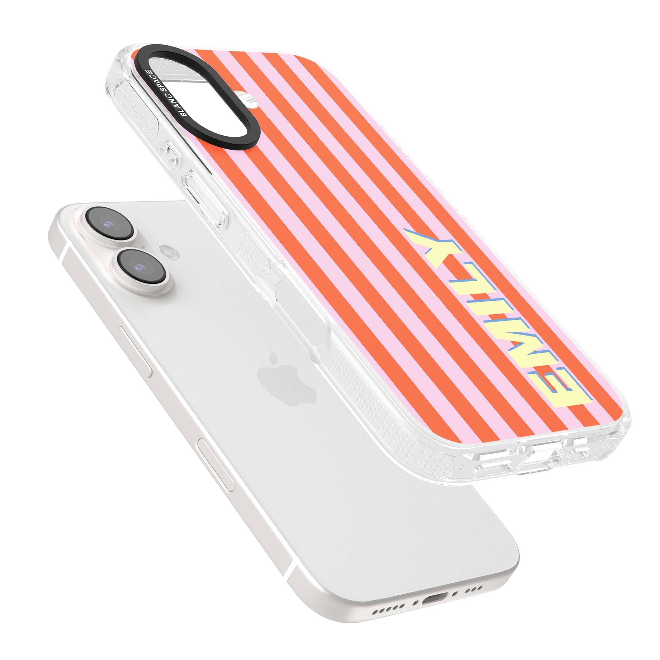 Havana Stripe personalised iPhone case featuring pink and orange vertical stripes with a custom yellow name | Clear Case Impact Air case for iPhone 16, iPhone 16 Plus