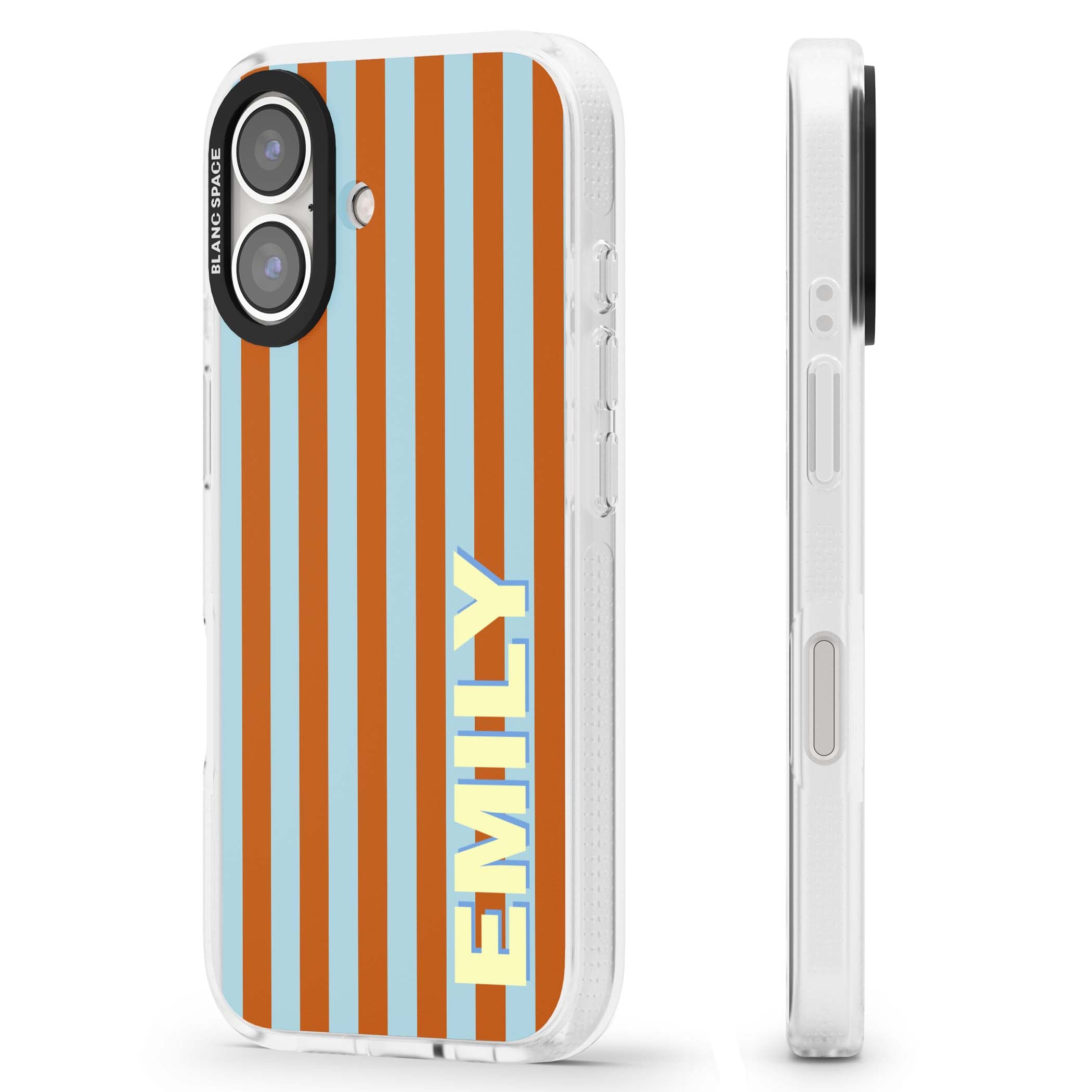 Cappadocia Stripe personalised coastal iPhone case featuring blue and orange vertical stripes with custom cream name | Clear Case Impact Air case for iPhone 16, iPhone 16 Plus