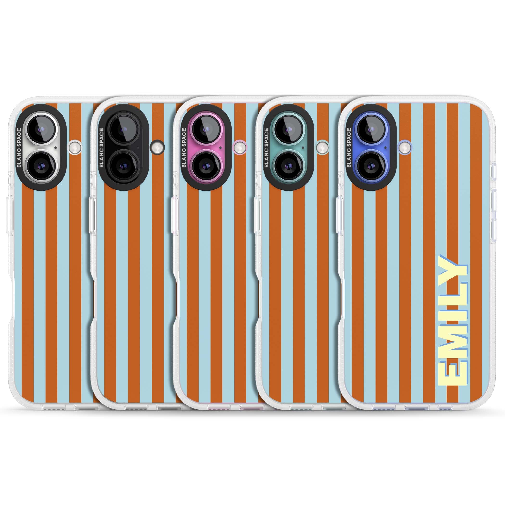Cappadocia Stripe personalised coastal iPhone case featuring blue and orange vertical stripes with custom cream name | Clear Case Impact Air case for iPhone 16, iPhone 16 Plus