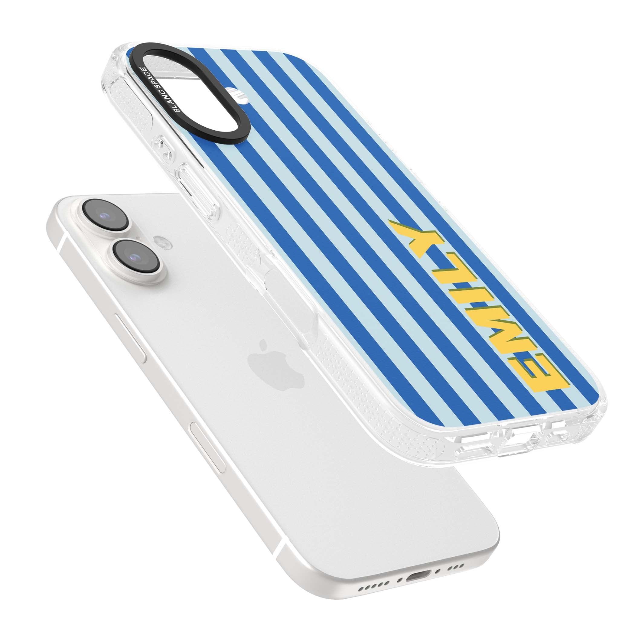 Athenian Stripe personalised preppy iPhone case featuring blue vertical stripes and a custom yellow name | Clear Case Impact Air case for iPhone 16, iPhone 16 Plus