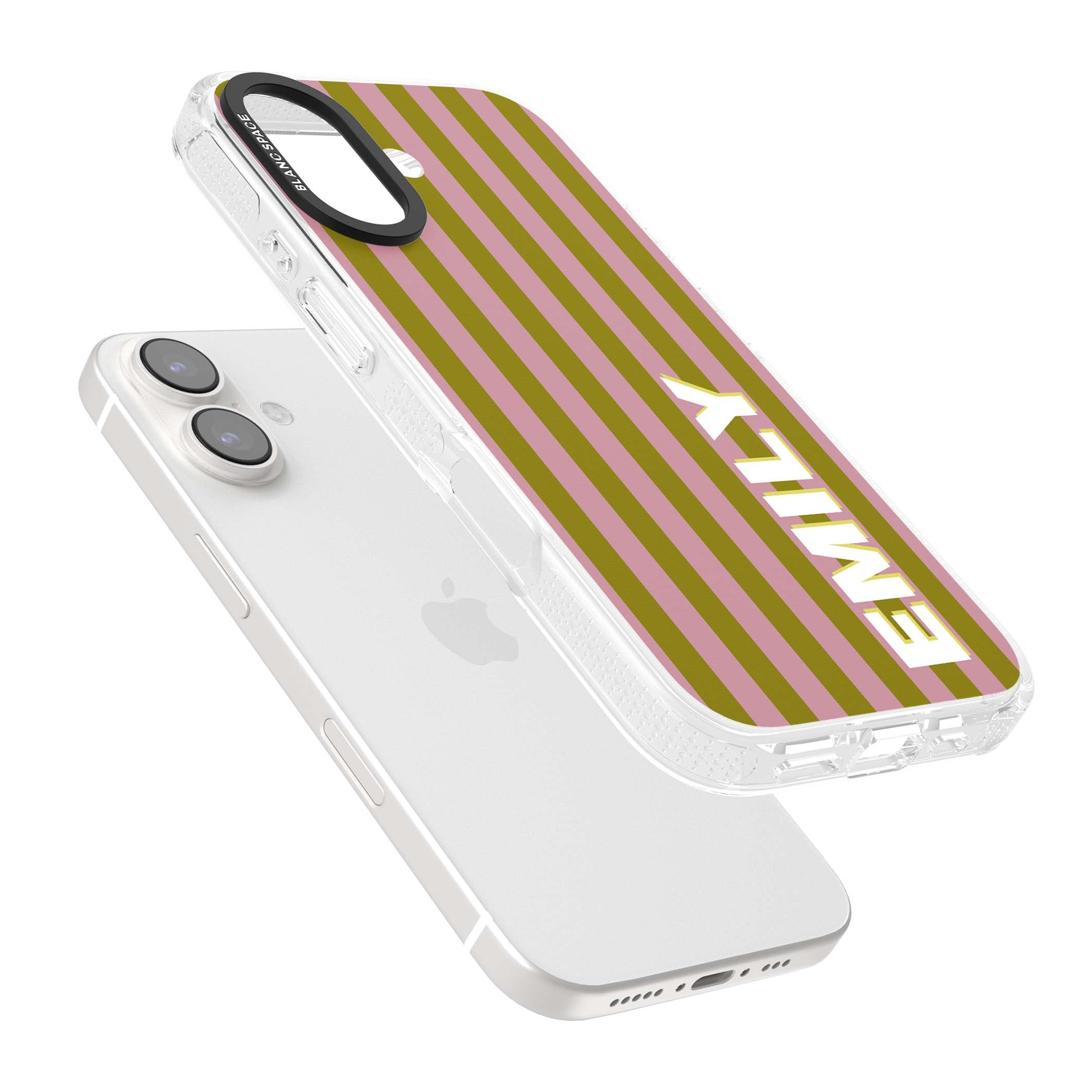 Istanbul Stripe personalised iPhone case featuring pink and olive green vertical stripes with a custom vertical name | Clear Case Impact Air case for iPhone 16, iPhone 16 Plus
