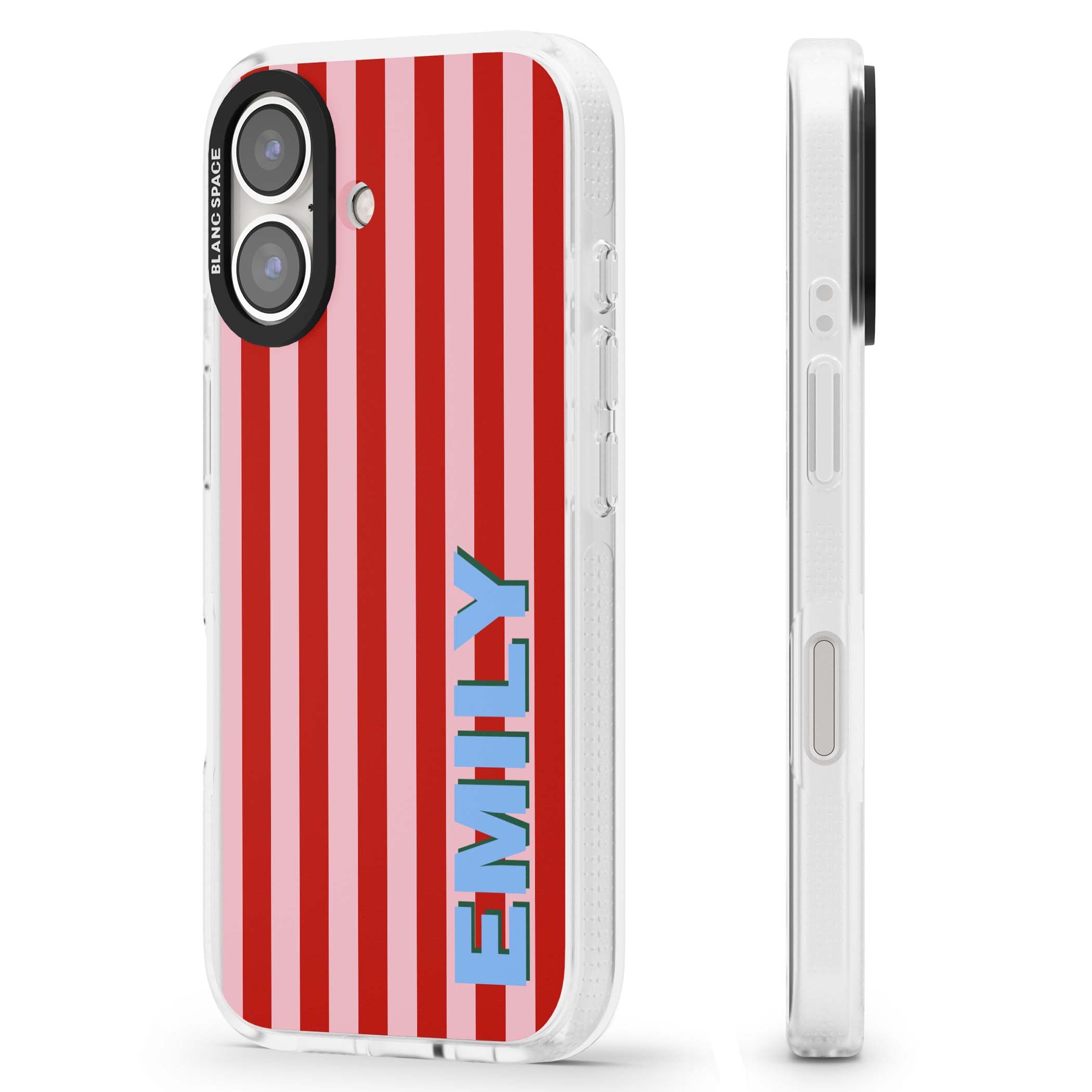 Market Stripe personalised iPhone case with red and pink vertical stripes and custom blue name | Clear Case Impact Air case for iPhone 16, iPhone 16 Plus